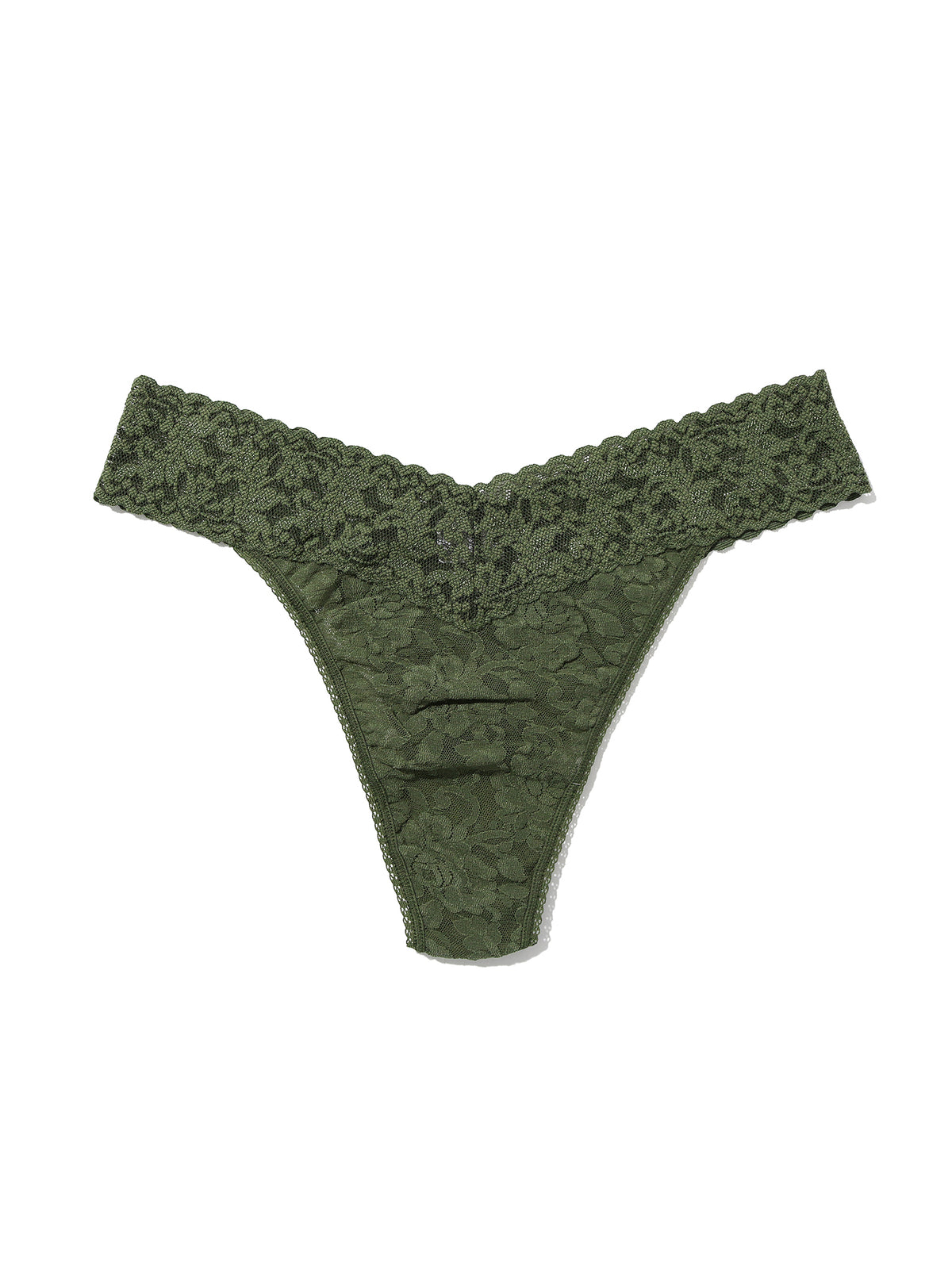 Herb Green Signature Lace® Original Rise Thong - Flat Lay, Floral Stretch Lace Detail | Hanky Panky