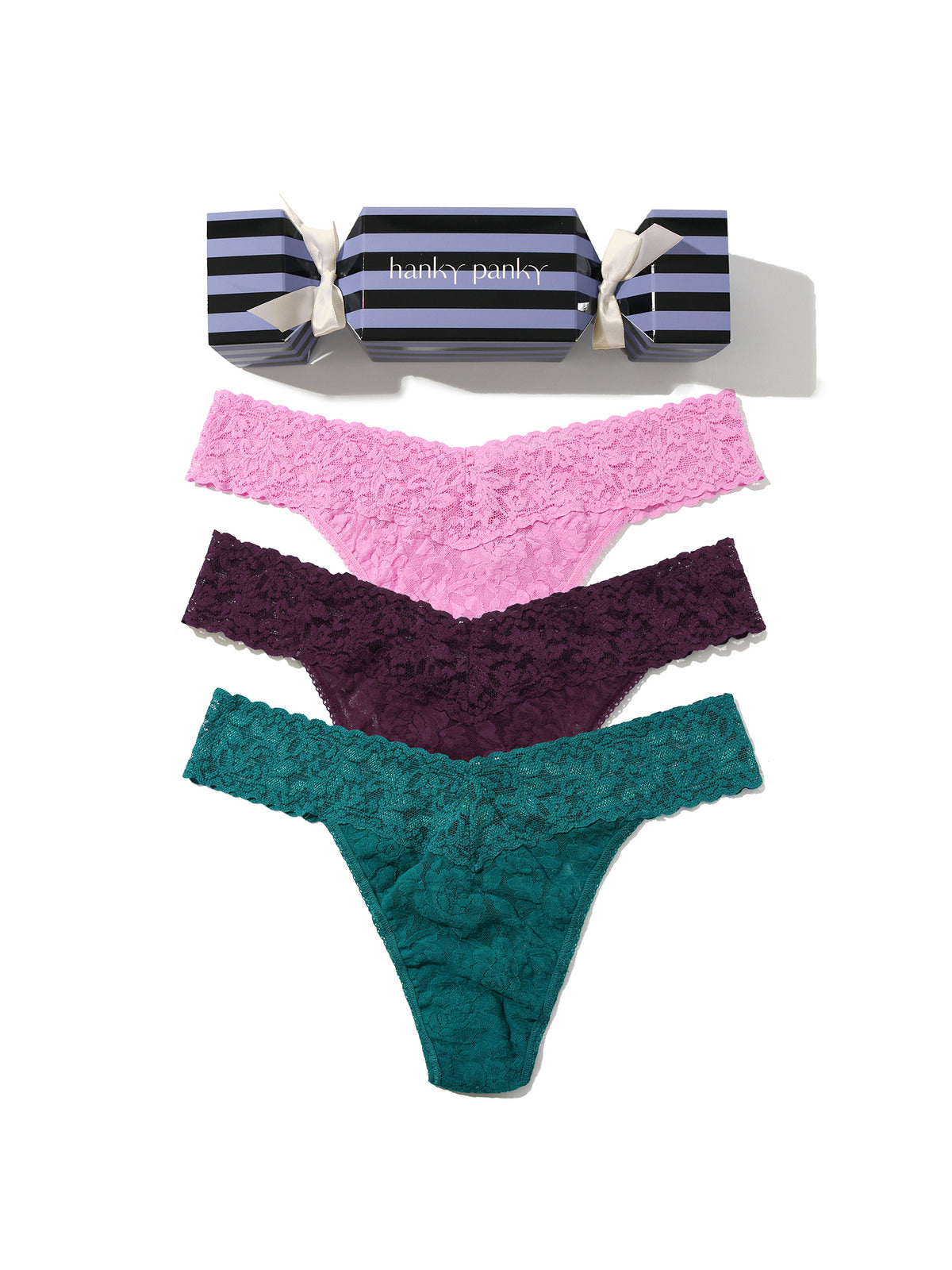 Signature Lace® Original Rise Thong Holiday 3-Pack Cracker - Pink, Purple & Teal Flat Lay | Hanky Panky