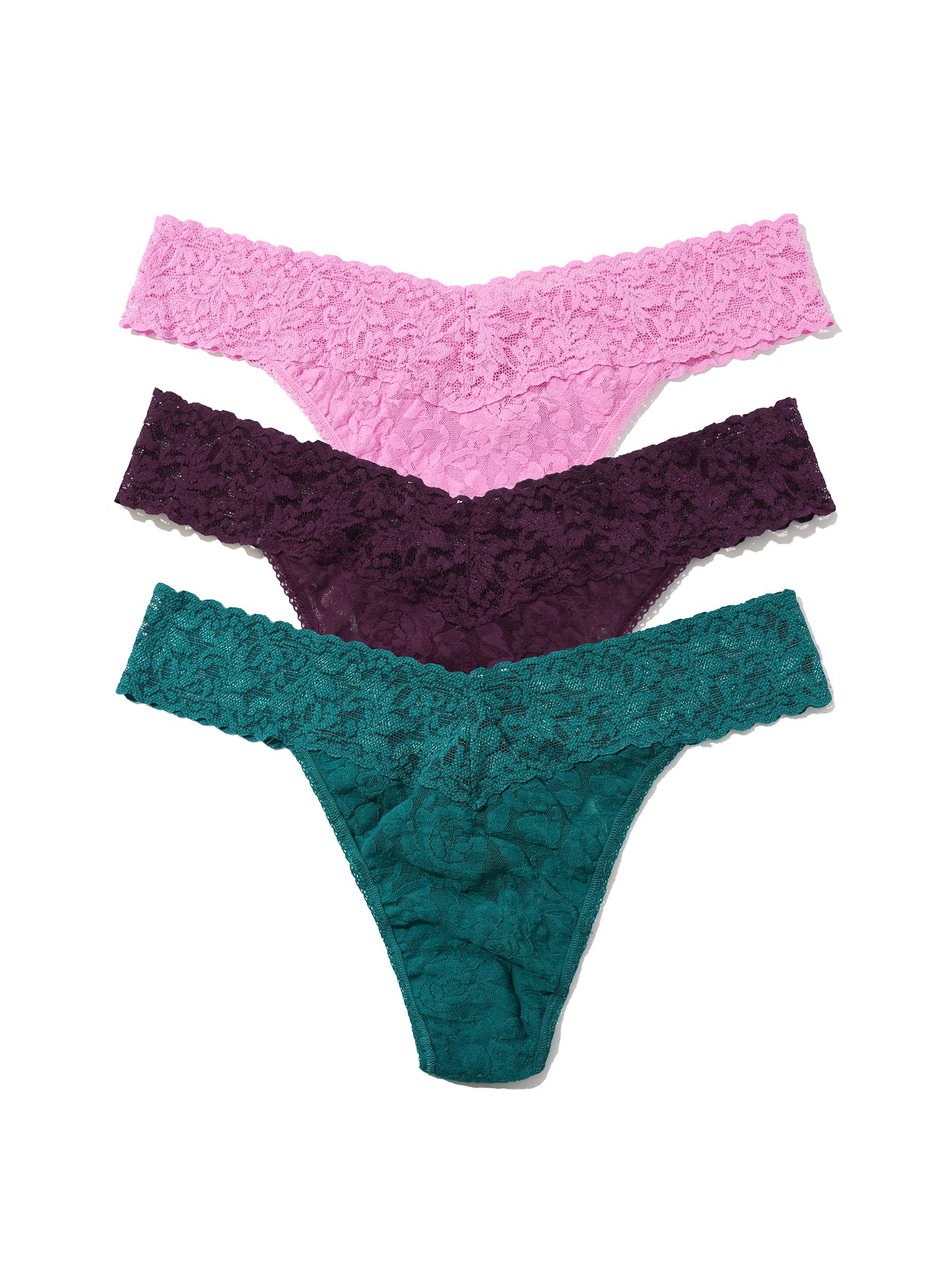 Signature Lace® Original Rise Thong Holiday 3-Pack - Pink, Purple & Teal Lace Thongs Flat Lay | Hanky Panky