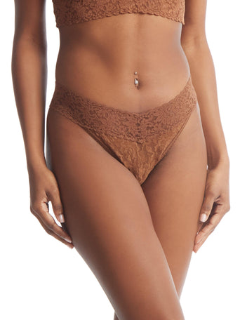 Macchiato Brown Signature Lace® Original Rise Thong - Front On-Model View, brown lace thong | Hanky Panky