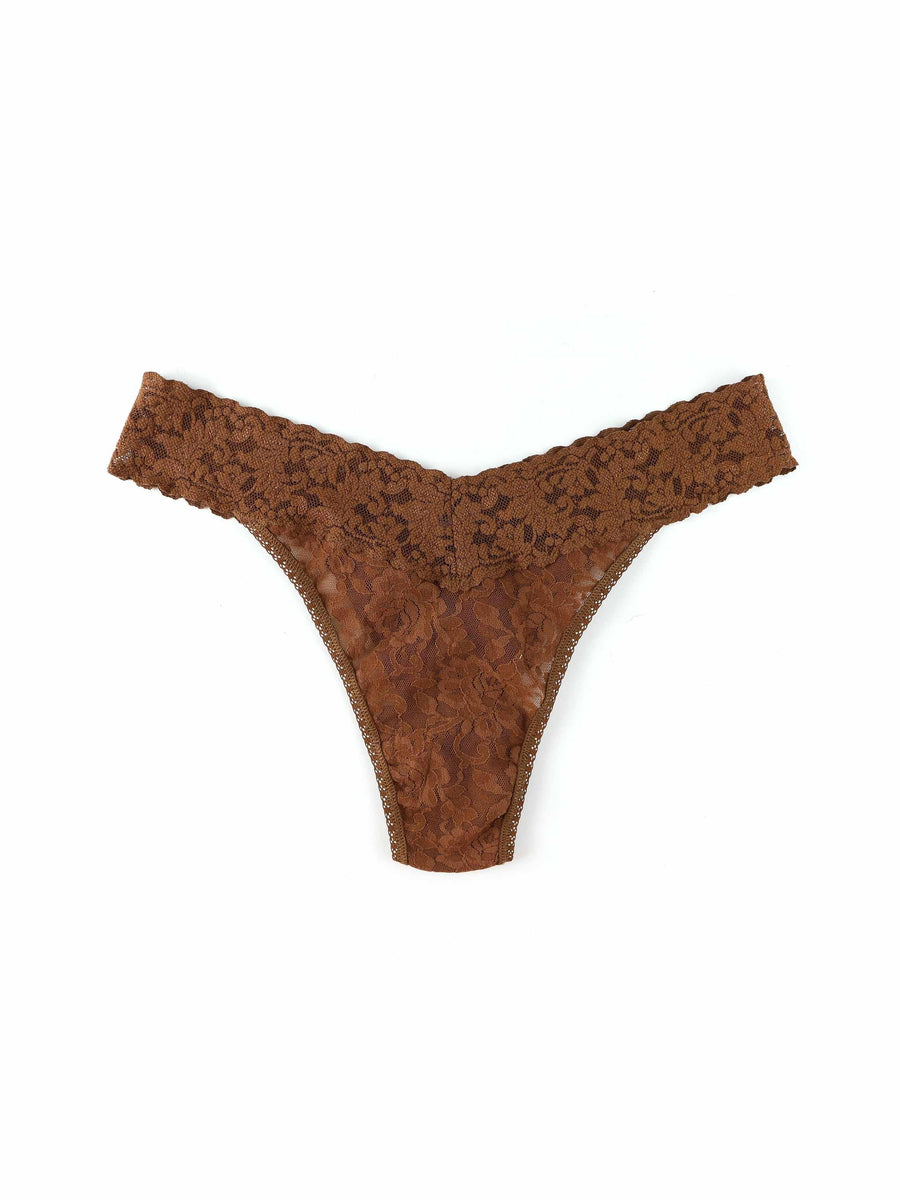 Macchiato Brown Signature Lace® Original Rise Thong - Flat Lay, stretch lace detail | Hanky Panky