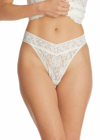 Marshmallow Signature Lace® Original Rise Thong - Front On-Model View, V-Waist Lace Thong | Hanky Panky