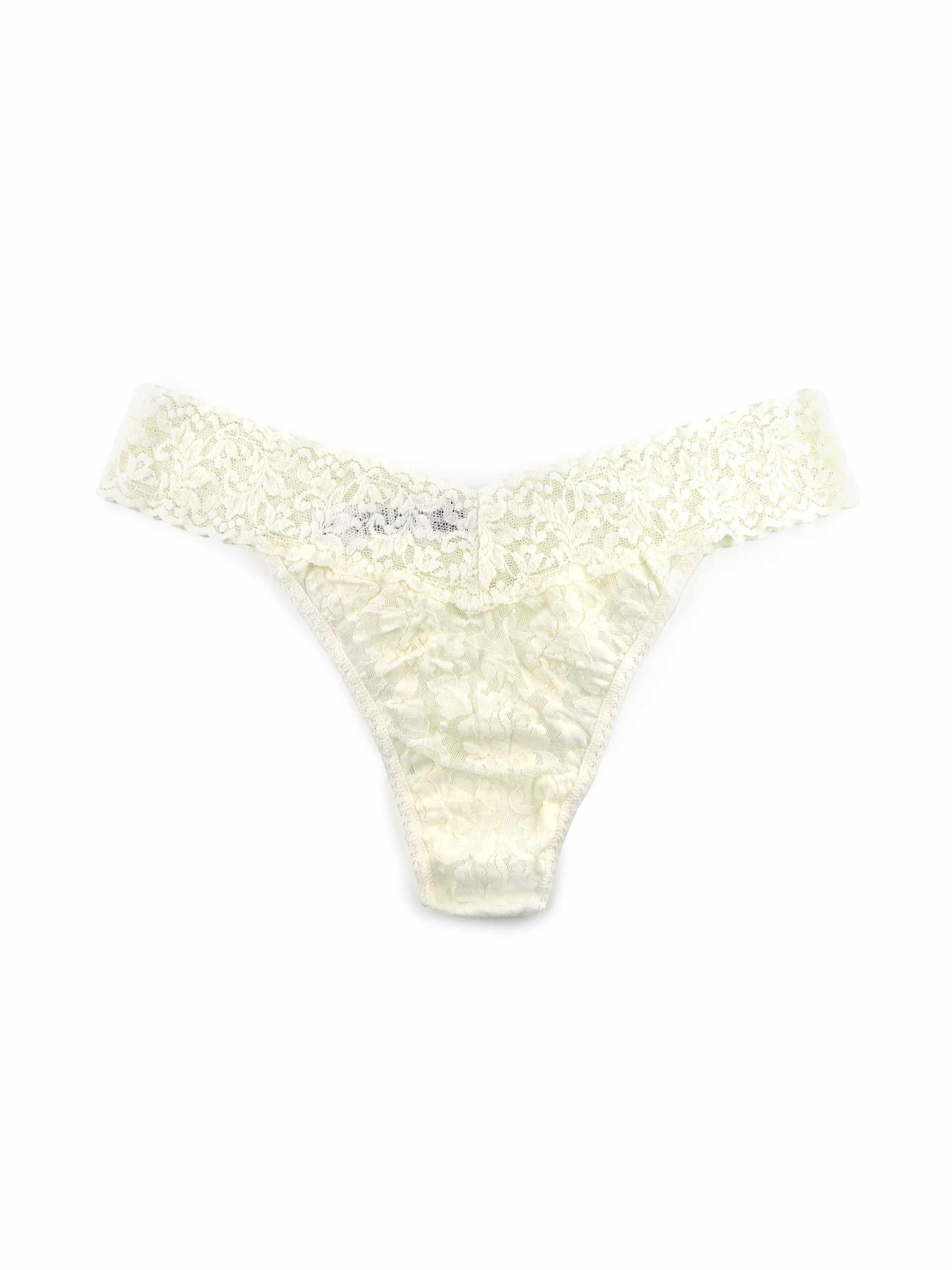 Marshmallow Signature Lace® Original Rise Thong - Flat Lay Front View, Ivory Stretch Lace | Hanky Panky