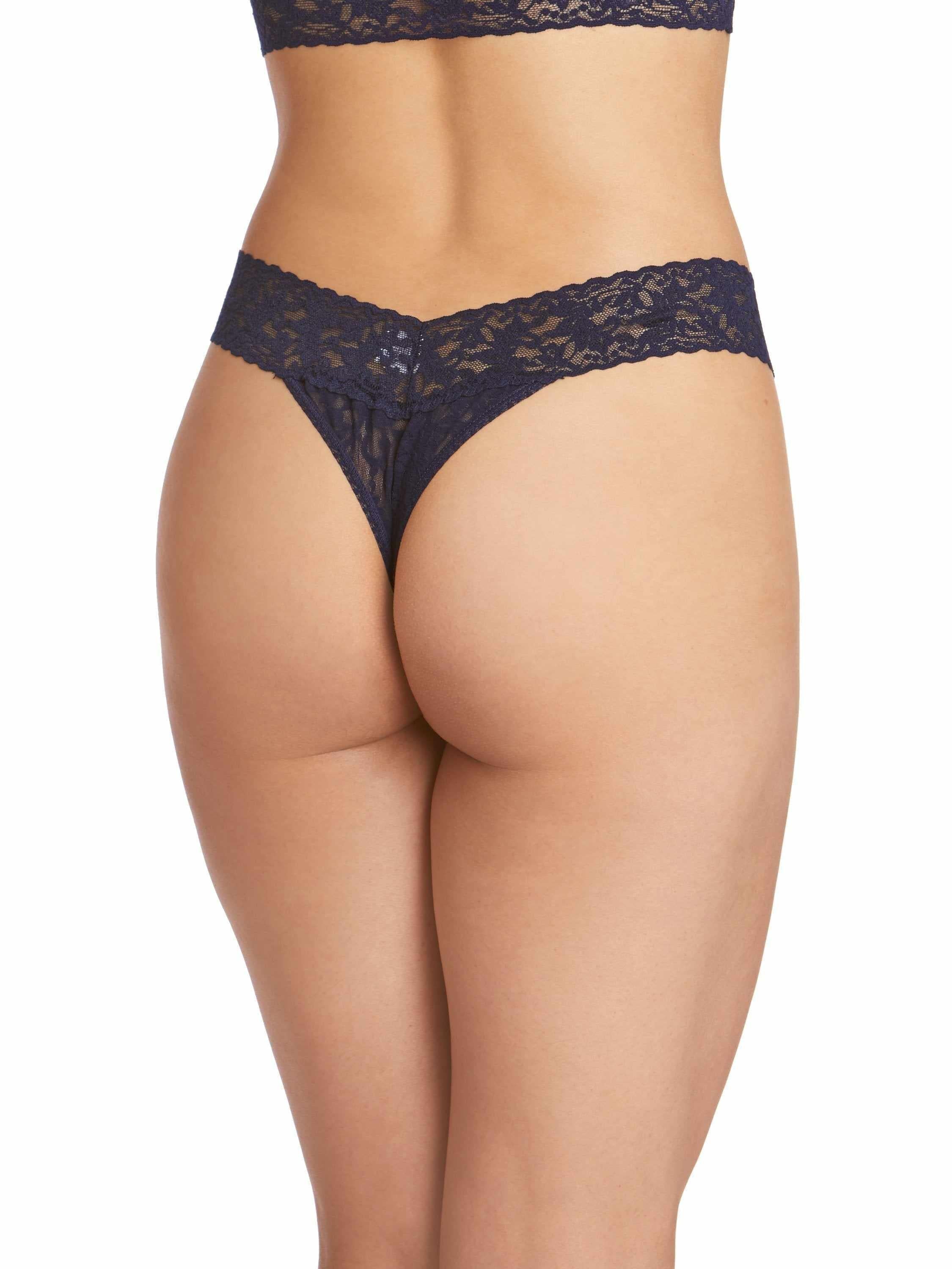 Signature Lace® Original Rise Thong Navy - Back Close-Up, V-Back Stretch Lace Waistband | Hanky Panky