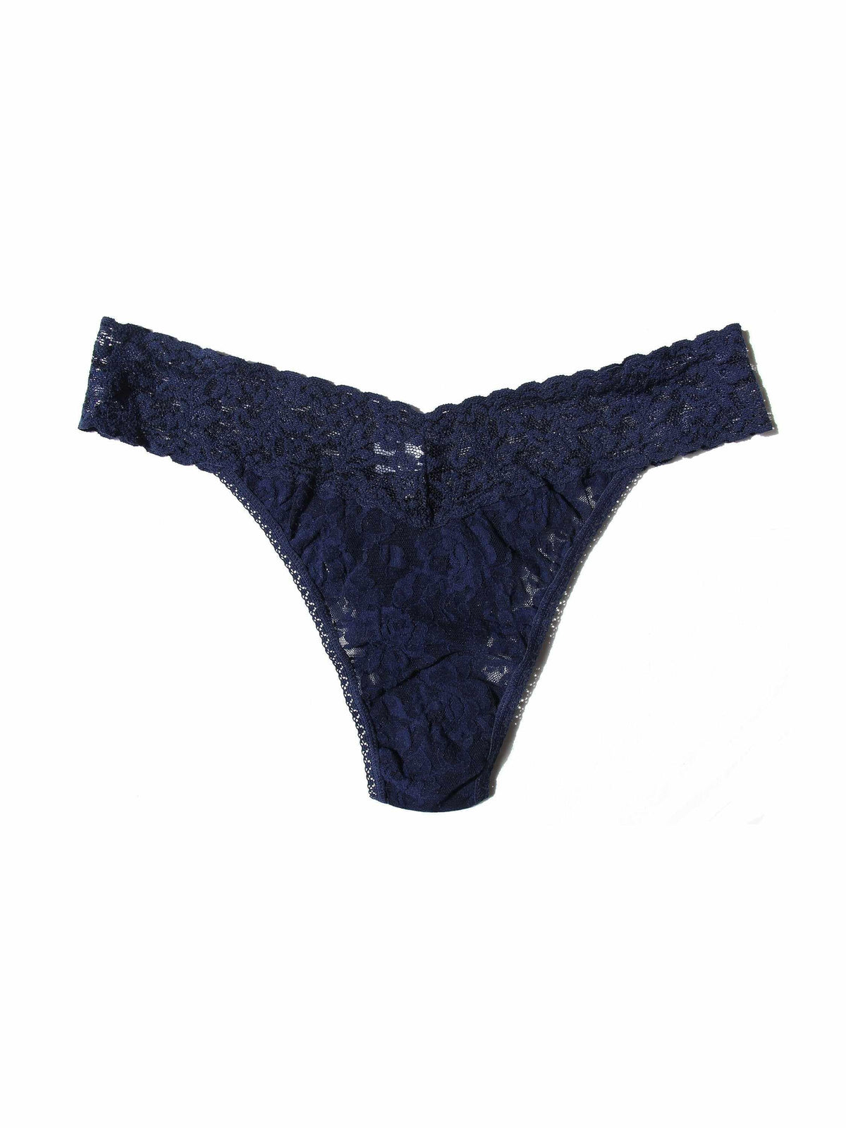 Navy Signature Lace® Original Rise Thong - Flat Lay, Scalloped V-Front Lace Detail | Hanky Panky