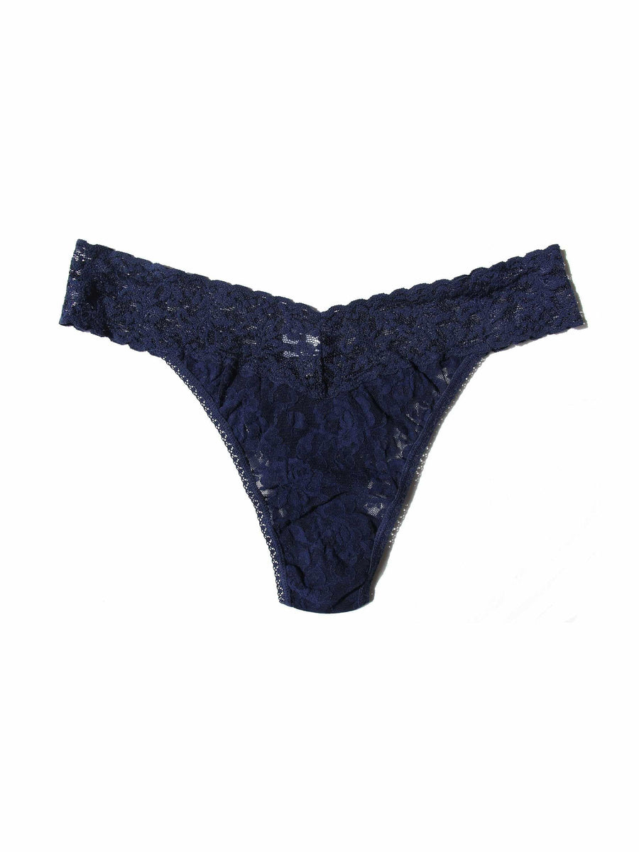 Navy Signature Lace® Original Rise Thong - Flat Lay, Scalloped V-Front Lace Detail | Hanky Panky