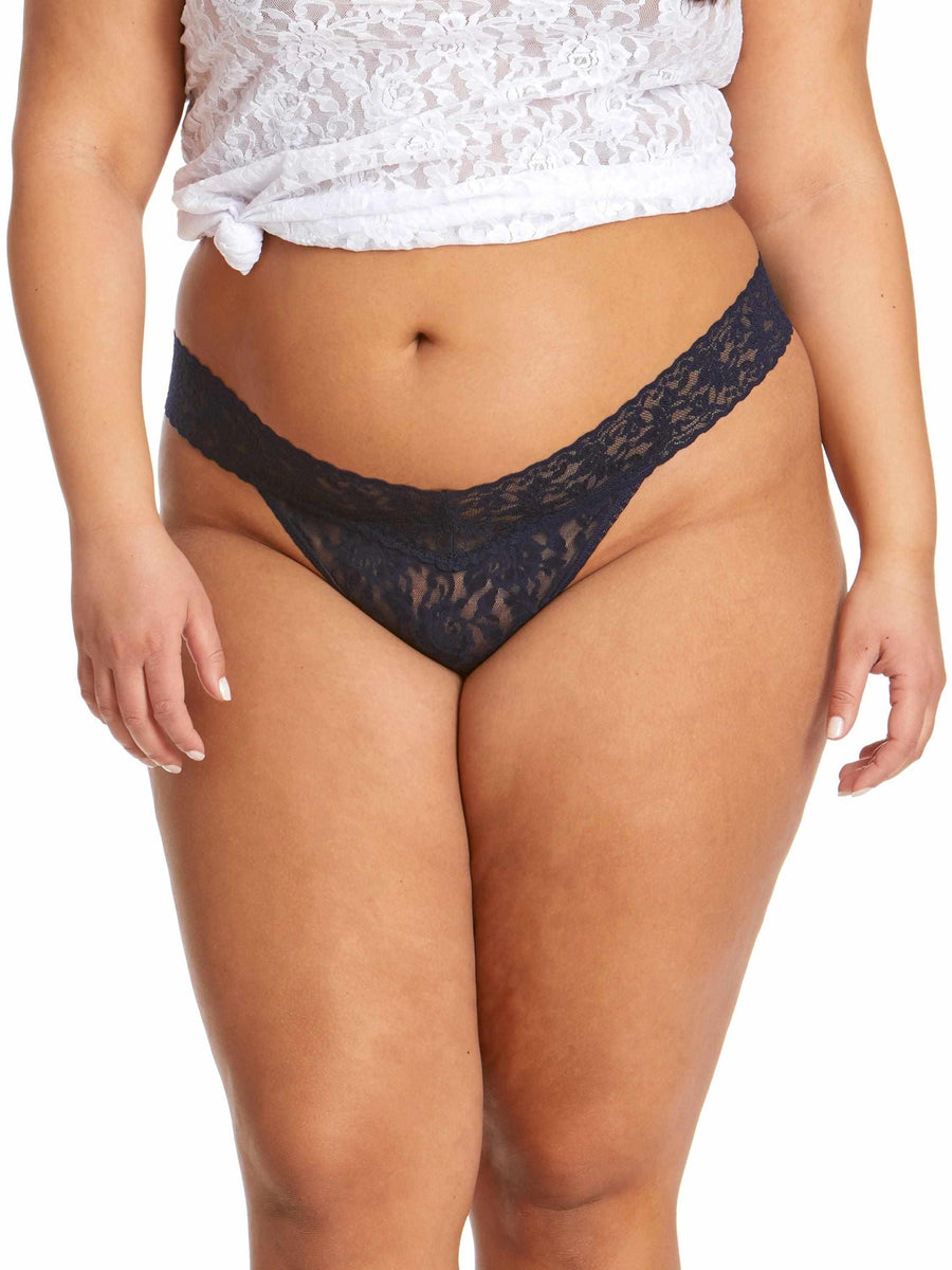 Navy Signature Lace® Original Rise Thong - Front Detail, Extended Size, V-Front Lace Waistband | Hanky Panky