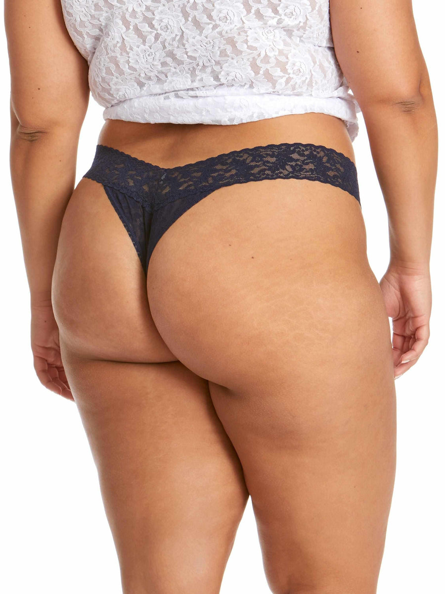 Navy Signature Lace® Original Rise Thong - Back View, Extended Size, V-Back Stretch Lace Waistband | Hanky Panky