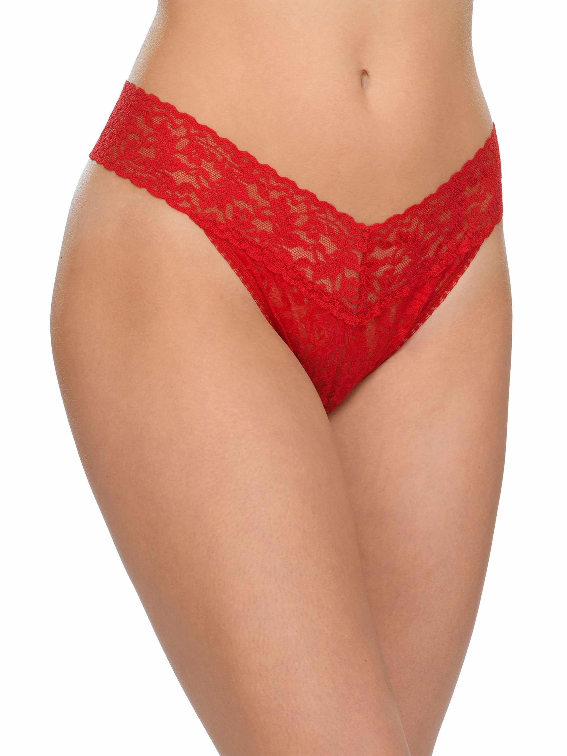 Signature Lace Original Rise Thong Red - On Model Side View, V-Front Lace Detail | Hanky Panky