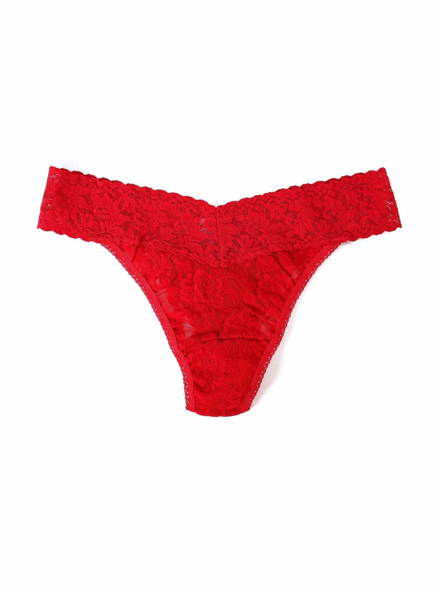 Signature Lace Original Rise Thong RED - Flat Lay Front, Plus Size Red Lace Thong Scalloped Waistband | Hanky Panky