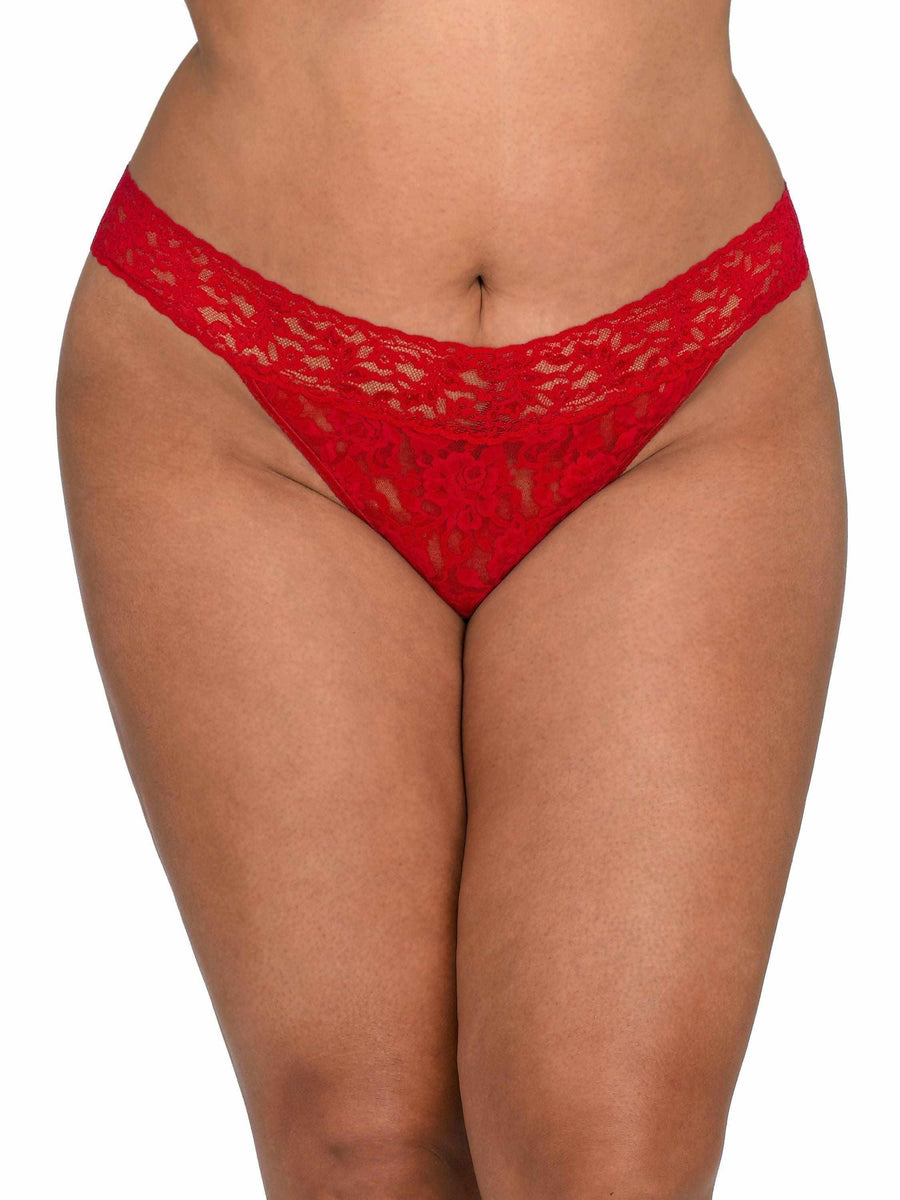 Signature Lace® Original Rise Thong Red - Plus Size Front View, V-Waistband Lace Thong On Model | Hanky Panky