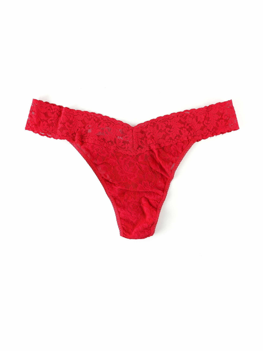 Signature Lace® Original Rise Thong Red - Flat Lay Back, Floral Lace Thong with V-Back Detail | Hanky Panky