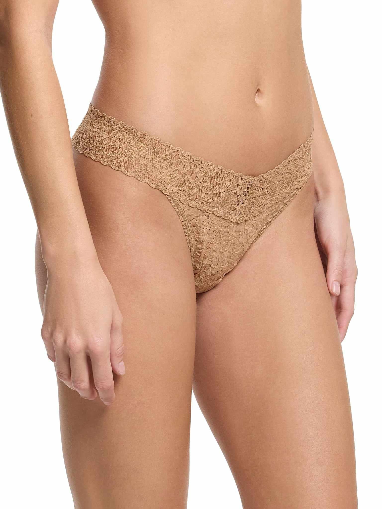 Signature Lace® Original Rise Thong Sun Tan - Side Angle, Stretch Lace V-Front Waistband Detail | Hanky Panky