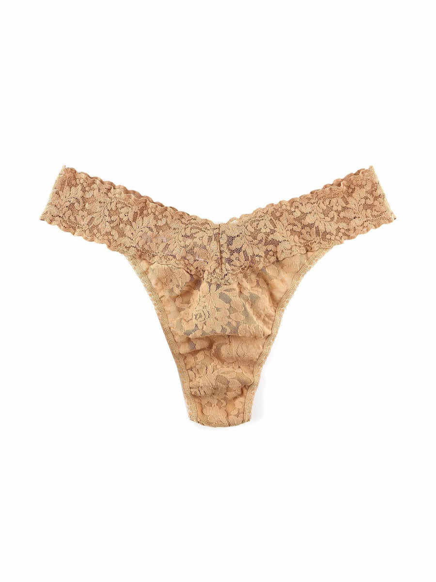 Signature Lace® Original Rise Thong Sun Tan - Flat Lay, Floral Stretch Lace & V-Waistband Detail | Hanky Panky