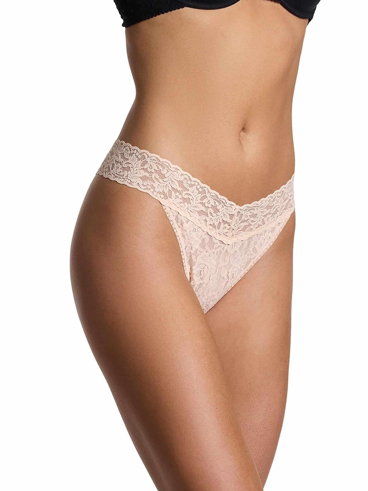 Vanilla Signature Lace® Original Rise Thong - Side Profile, V-Back Waistband Detail | Hanky Panky