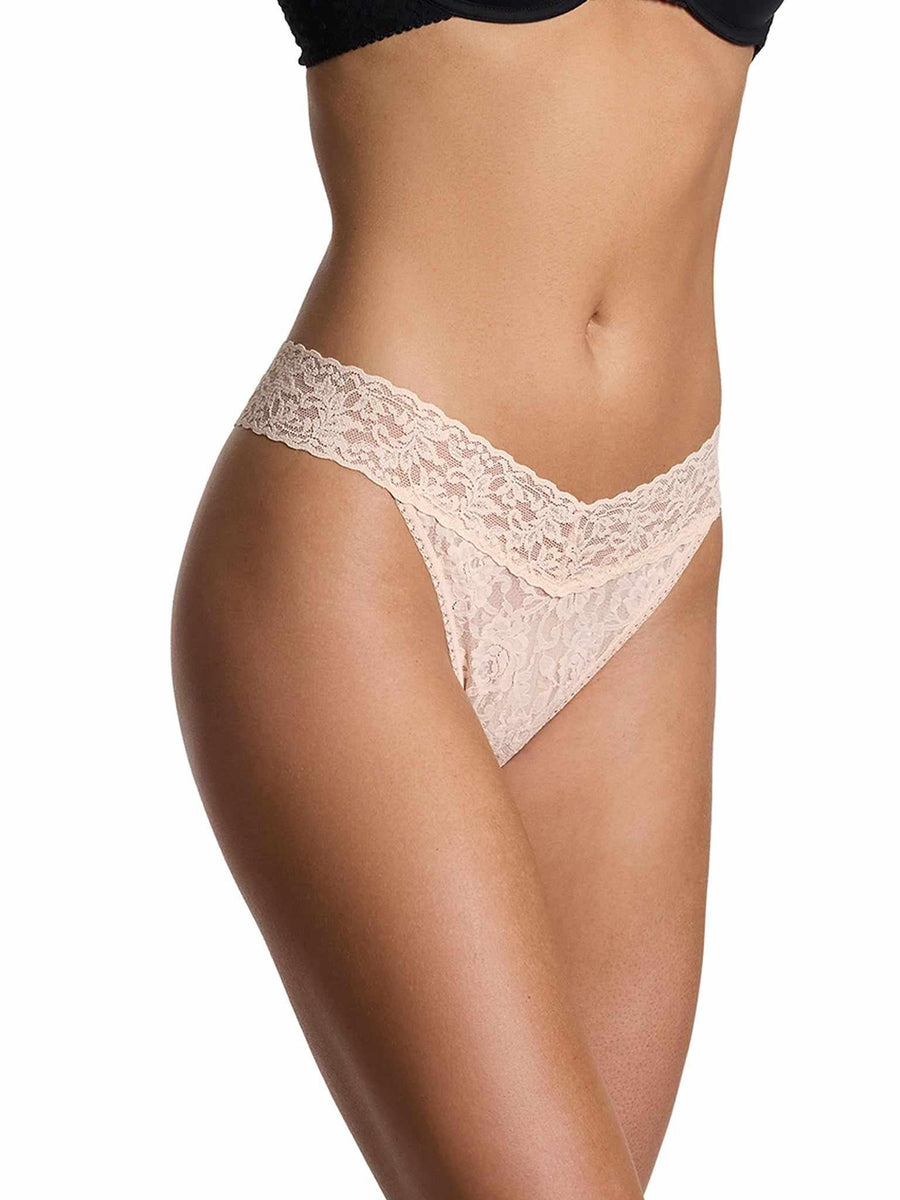Vanilla Signature Lace® Original Rise Thong - Side Profile, V-Back Waistband Detail | Hanky Panky