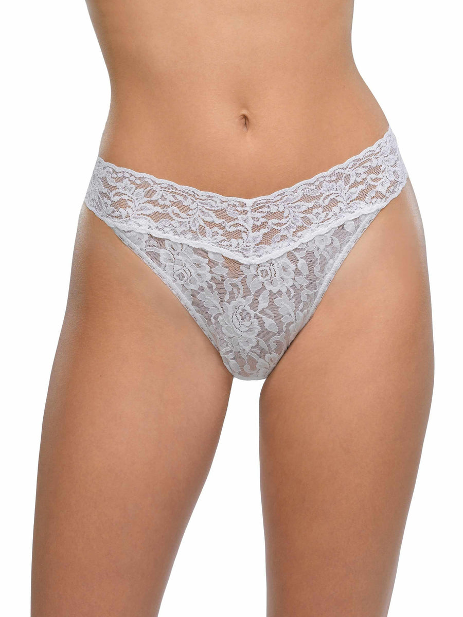 Signature Lace® Original Rise Thong White - Front On-Model Close-Up, V-Waistband Detail | Hanky Panky