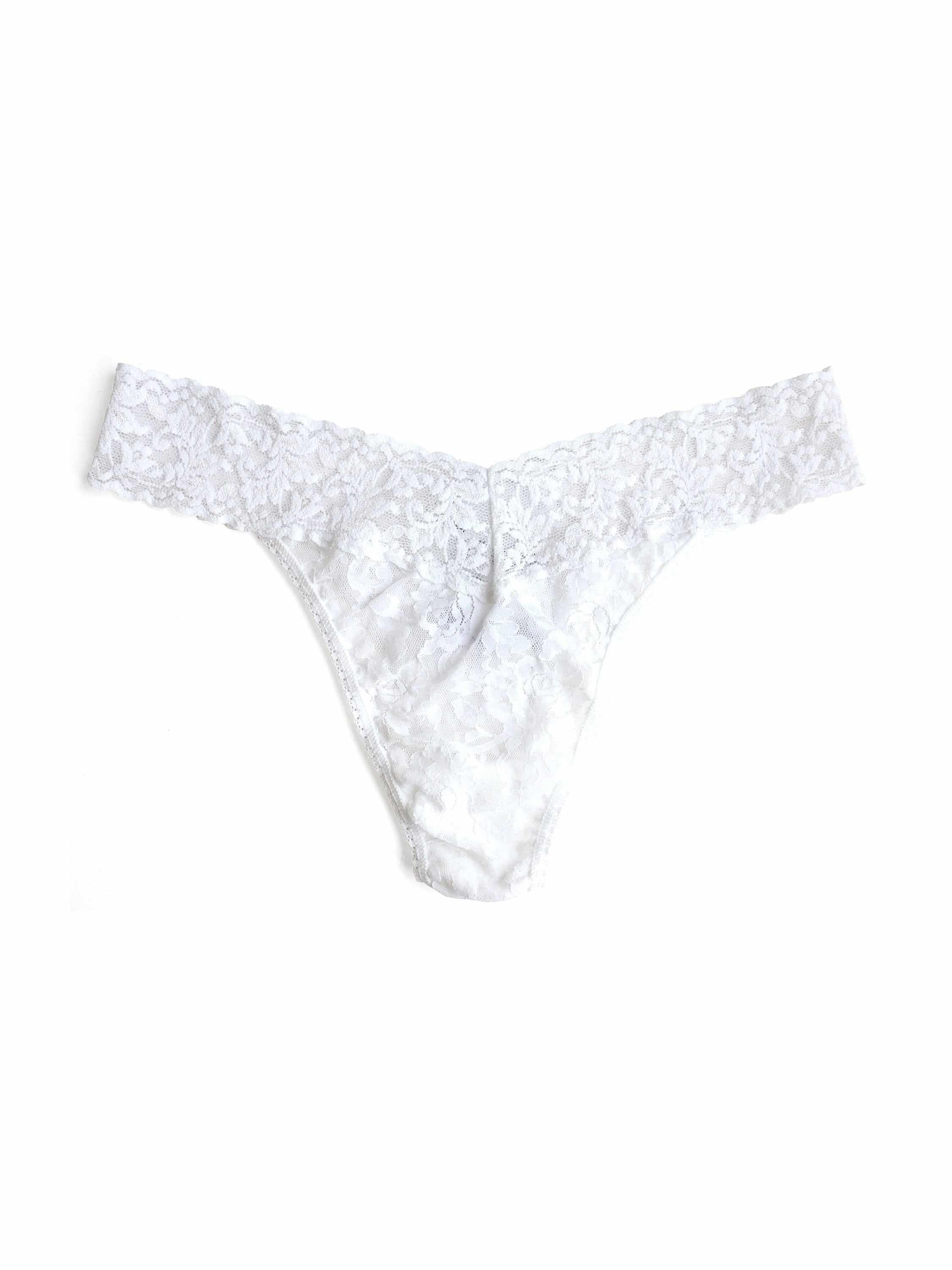 Signature Lace® Original Rise Thong White - Flat Lay Front, Floral Lace Detail | Hanky Panky