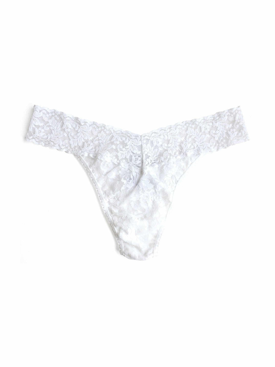 Signature Lace® Original Rise Thong White - Flat Lay Front, Floral Lace Detail | Hanky Panky