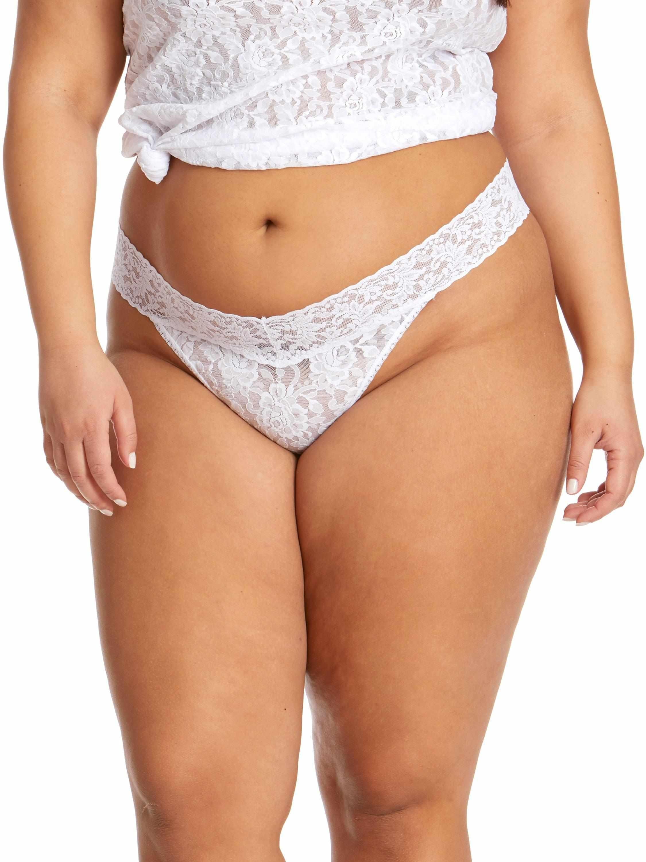 White lace thong on plus-size model - Front View, V-Front Waistband, Signature Lace® Original Rise | Hanky Panky