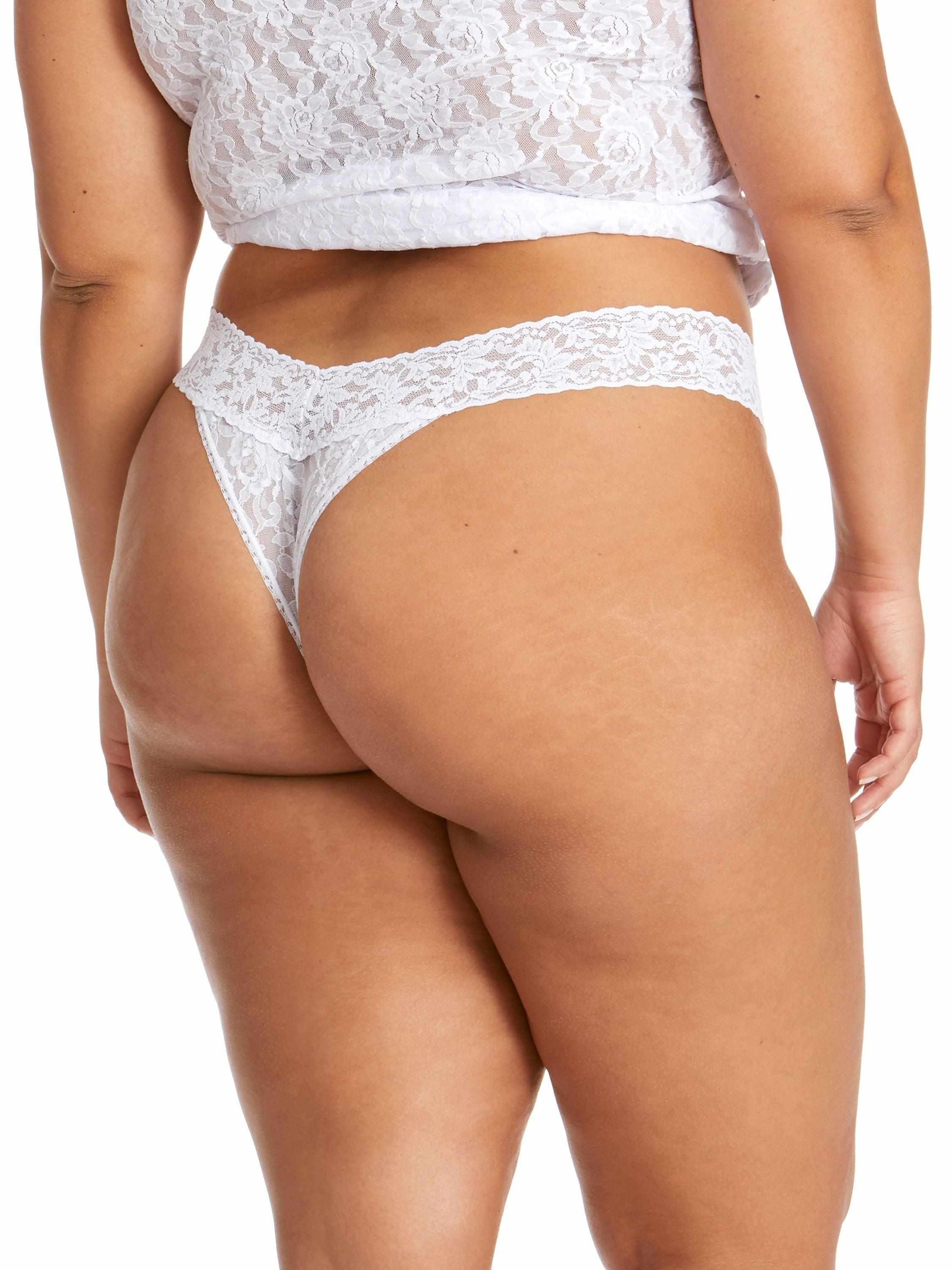 Signature Lace® Original Rise Thong White - Back View on Plus-Size Model, V-Back Detail | Hanky Panky