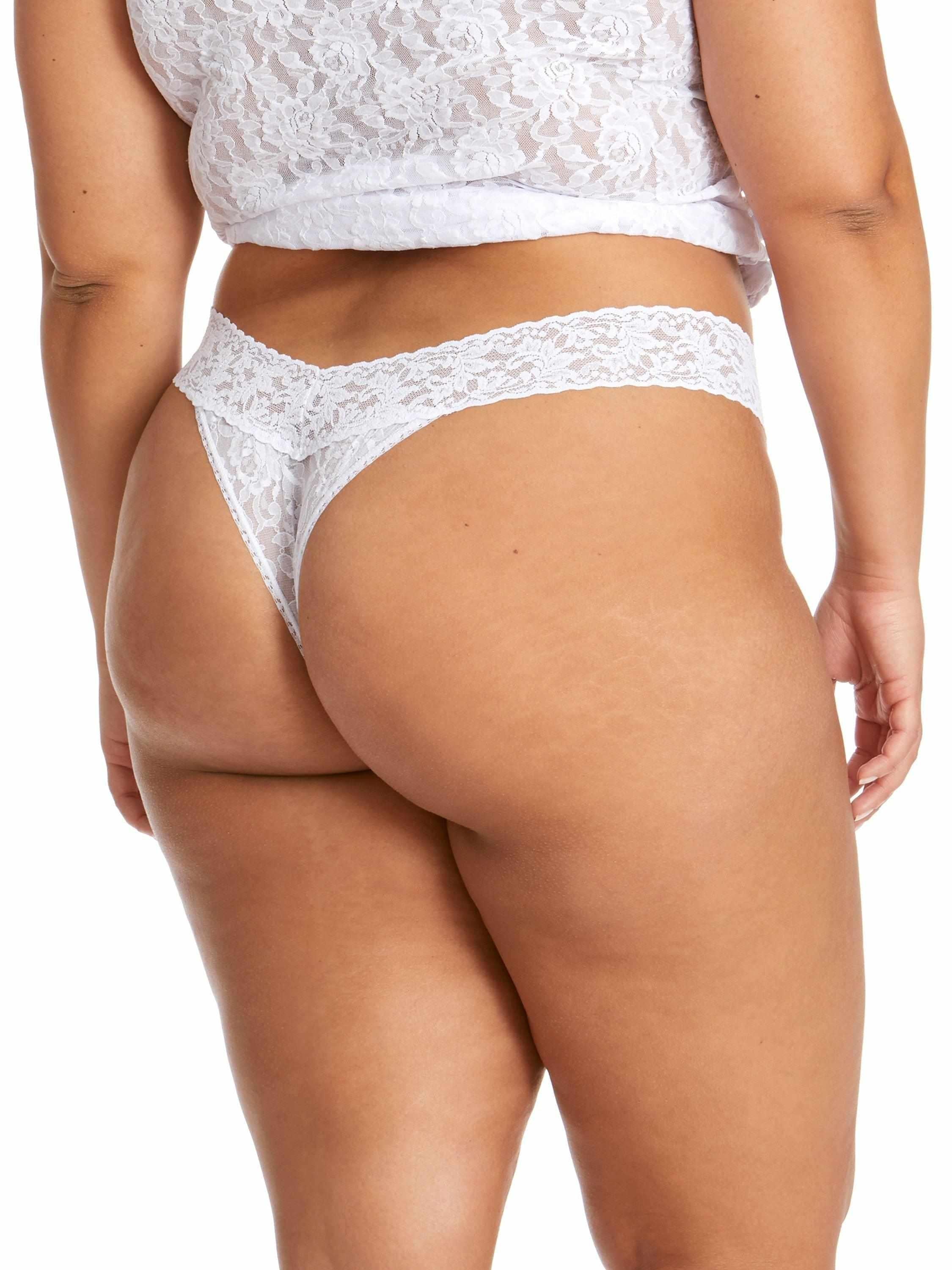 Signature Lace® Original Rise Thong White - Back View on Plus-Size Model, V-Back Waistband Detail | Hanky Panky