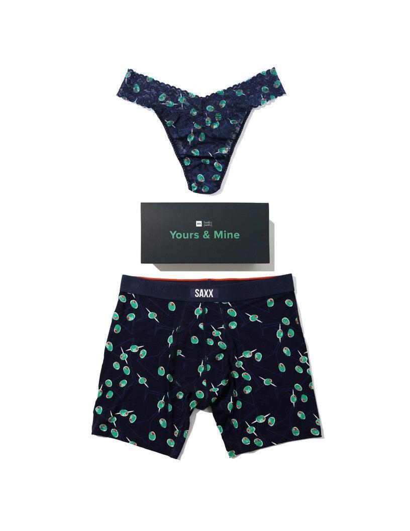 Signature Lace® Original Rise Thong & SAXX Boxer Brief Olive You Matching Couples Set - Flat Lay | Hanky Panky