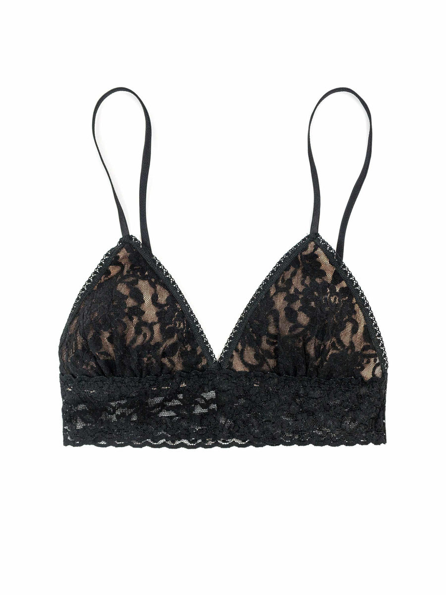 Black lace triangle bralette with scalloped hem and thin straps - Flat Lay | Hanky Panky