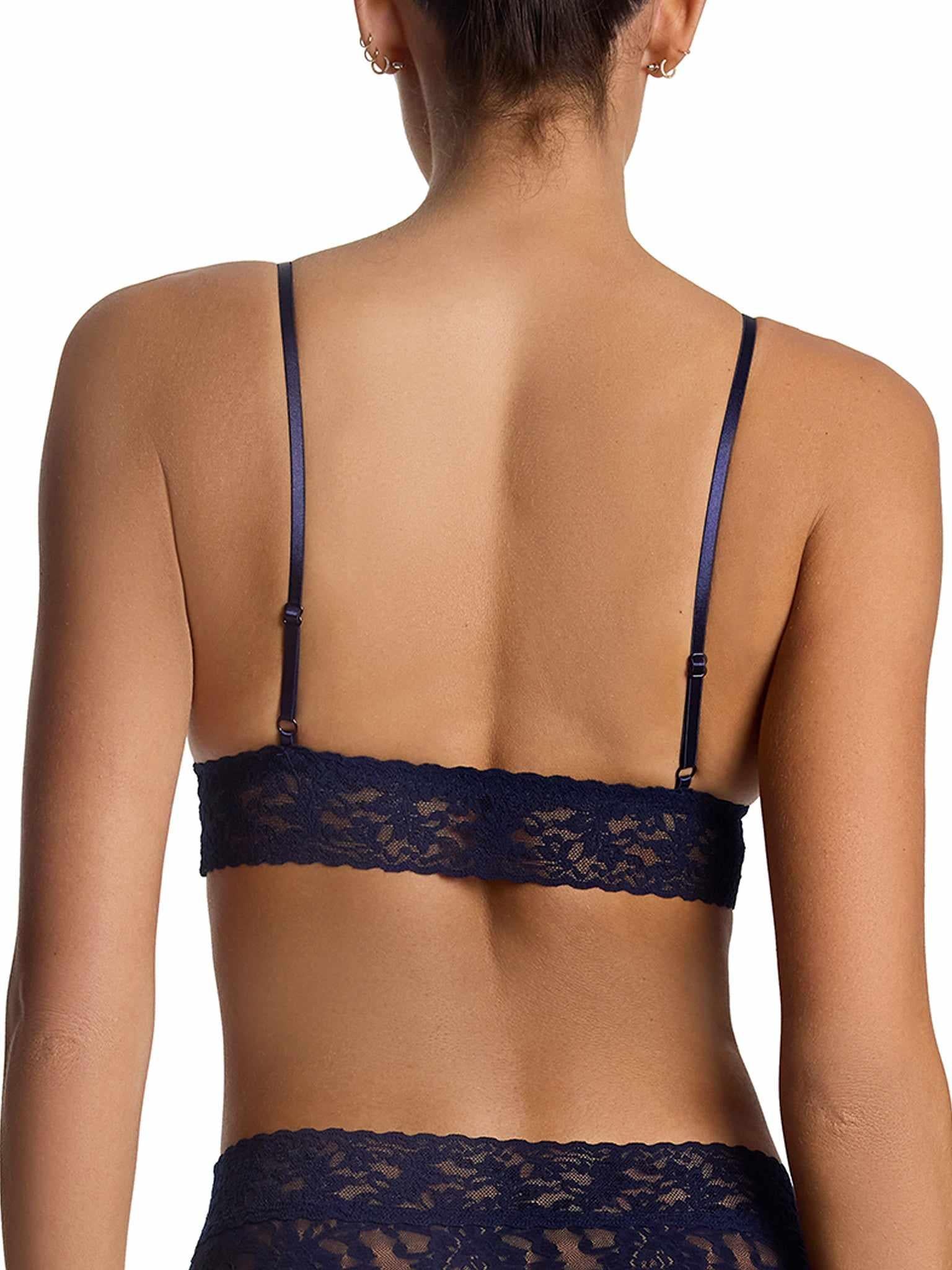 Signature Lace® Padded Triangle Bralette Navy - Back View, Adjustable Satin Straps Detail | Hanky Panky