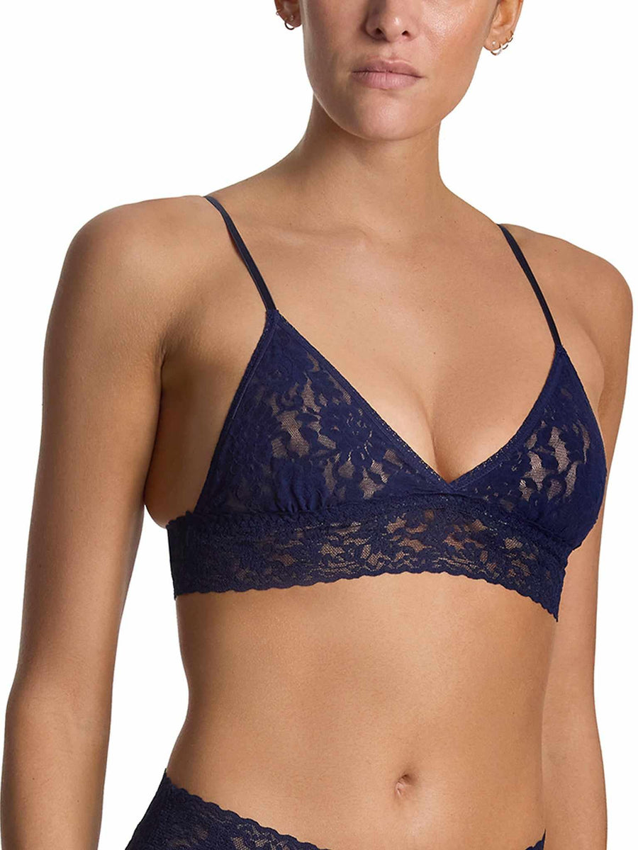 Signature Lace® Padded Triangle Bralette Navy - Close-Up Front On Model, Lace Texture Detail | Hanky Panky