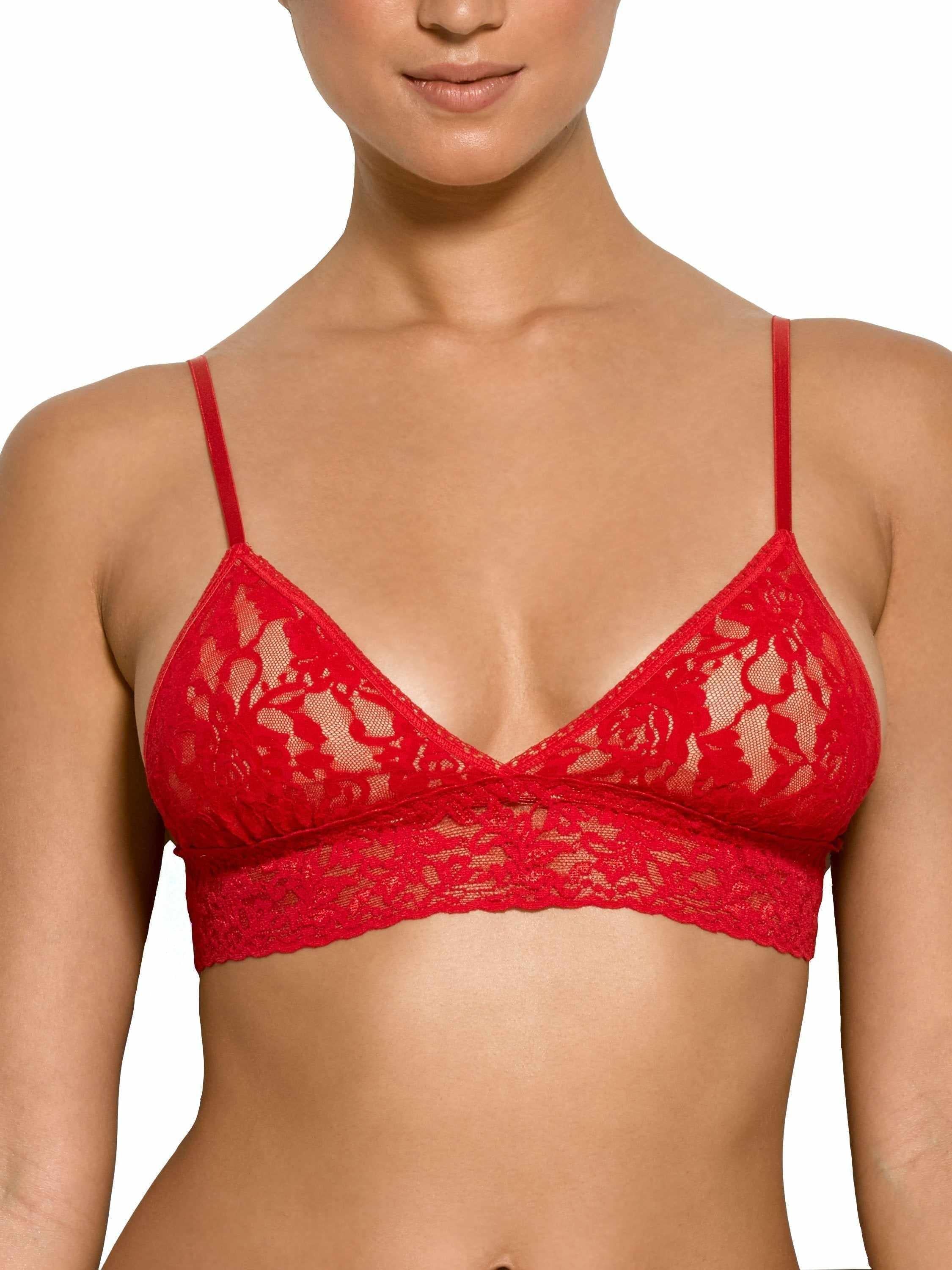 Red lace triangle bralette with scalloped band and adjustable straps - Close-Up Front View | Hanky Panky