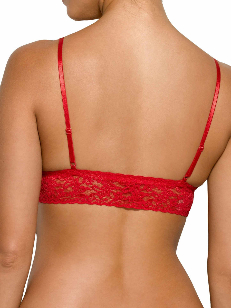 Red lace bralette showing adjustable straps and scalloped lace band - Back View On Model | Hanky Panky