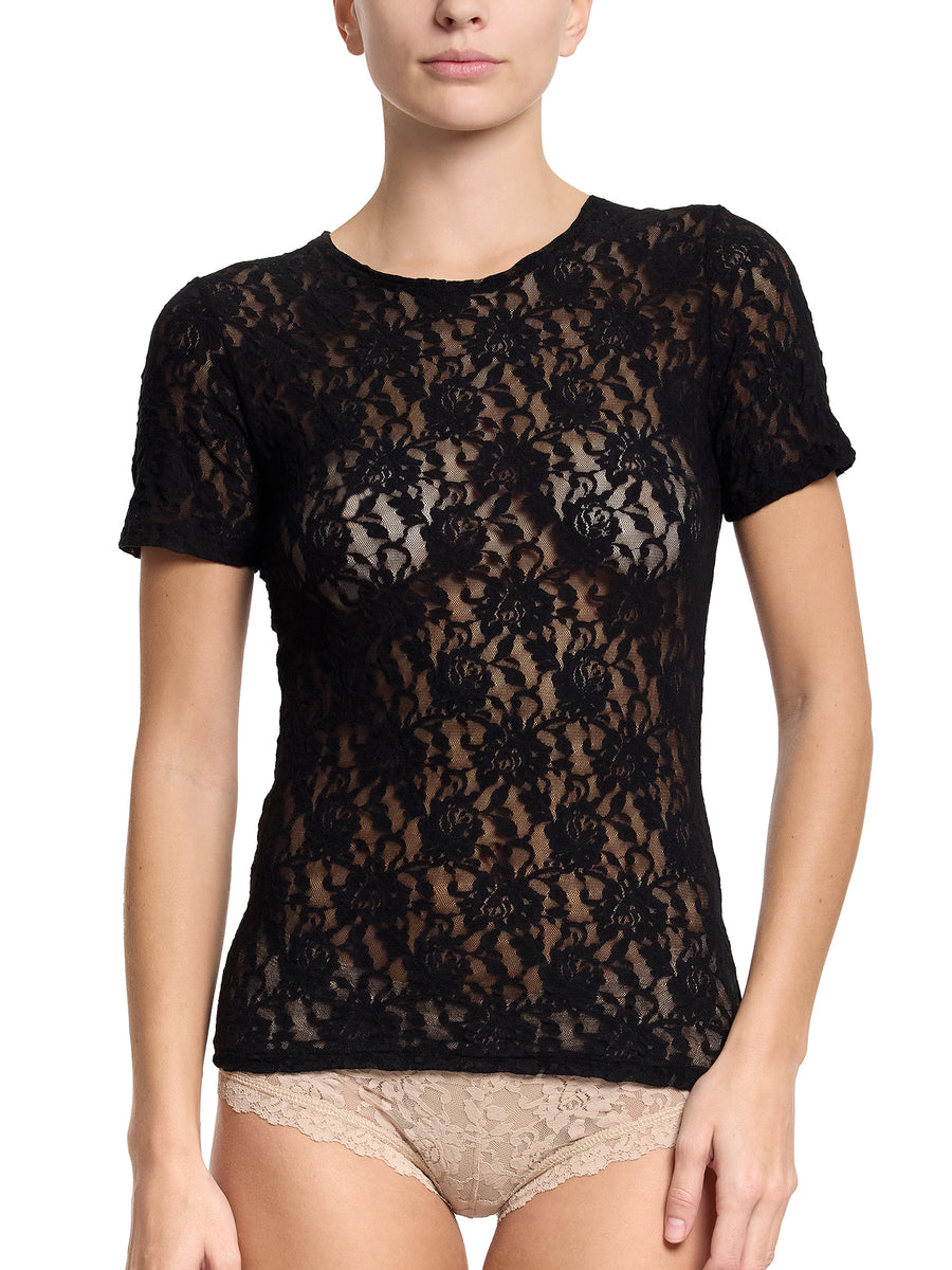 Black Signature Lace® Short Sleeve Top - Cropped Front View, Sheer Floral Lace, Styled with Jeans | Hanky Panky