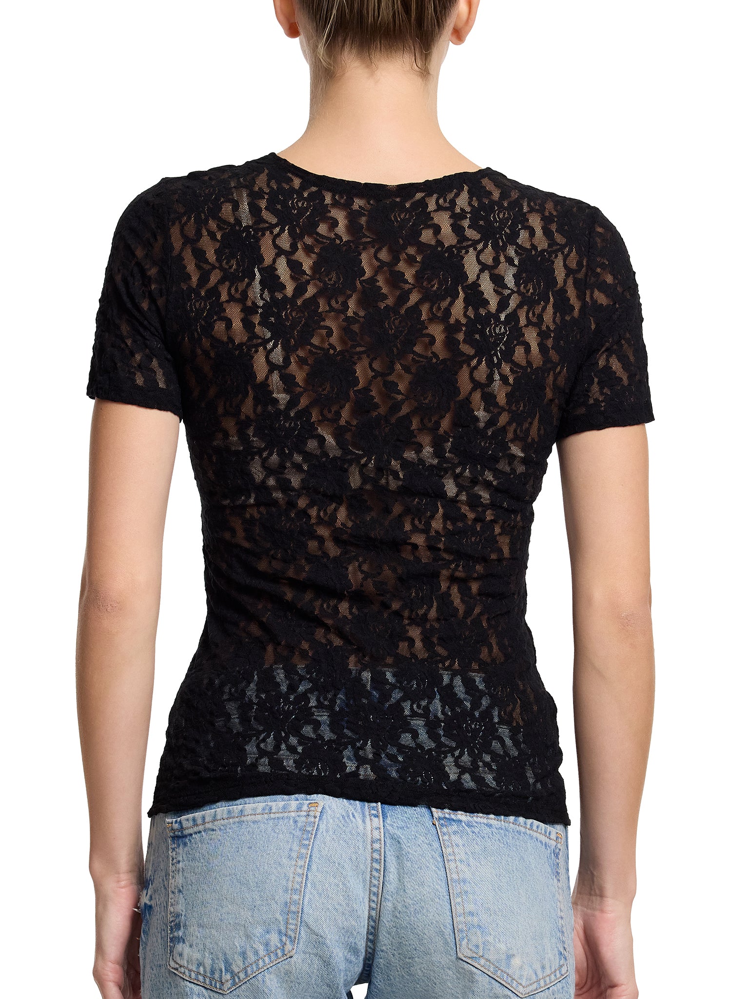 Black Signature Lace® Short Sleeve Top - Flat Lay, Sheer Floral Lace Top for Women | Hanky Panky