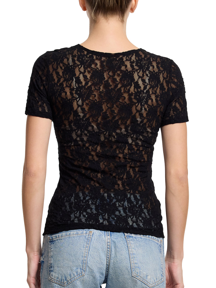 Black Signature Lace® Short Sleeve Top - Flat Lay, Sheer Floral Lace Top for Women | Hanky Panky