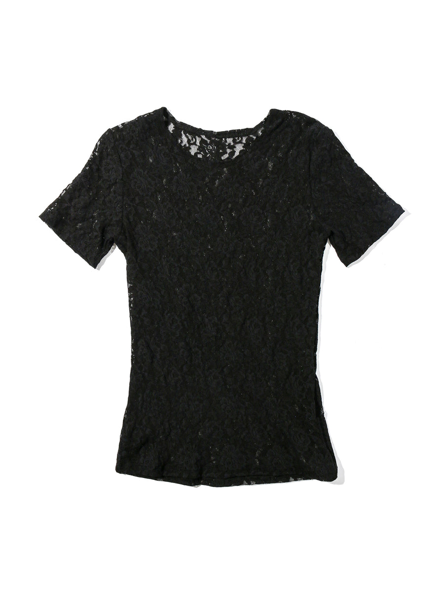Black Signature Lace® Short Sleeve Top - Flat Lay Product View, Floral Lace Tops for Women | Hanky Panky