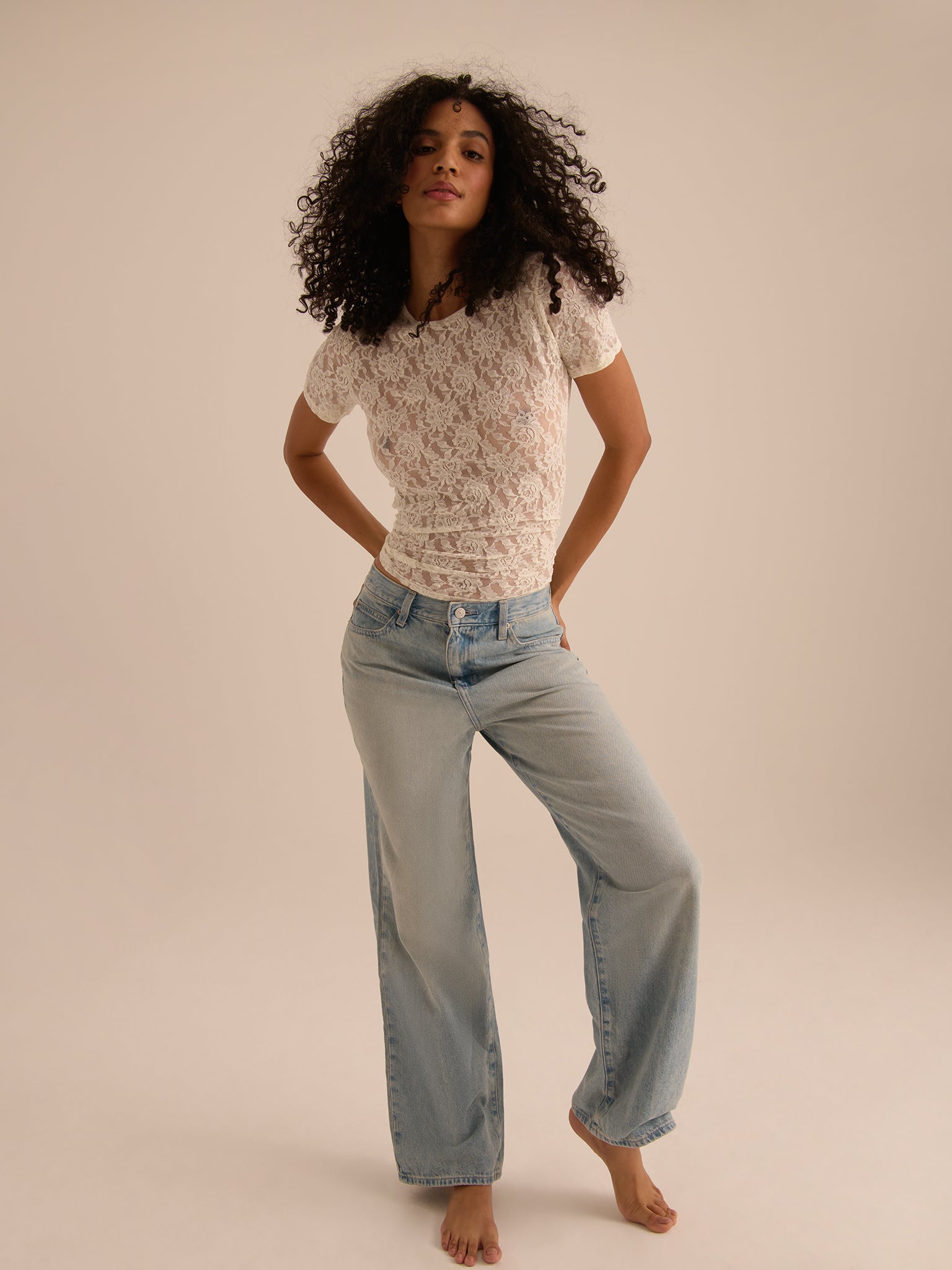 Marshmallow Signature Lace® Short Sleeve Top - Full Length Front, Sexy Lace Top Styled with Wide-Leg Jeans | Hanky Panky