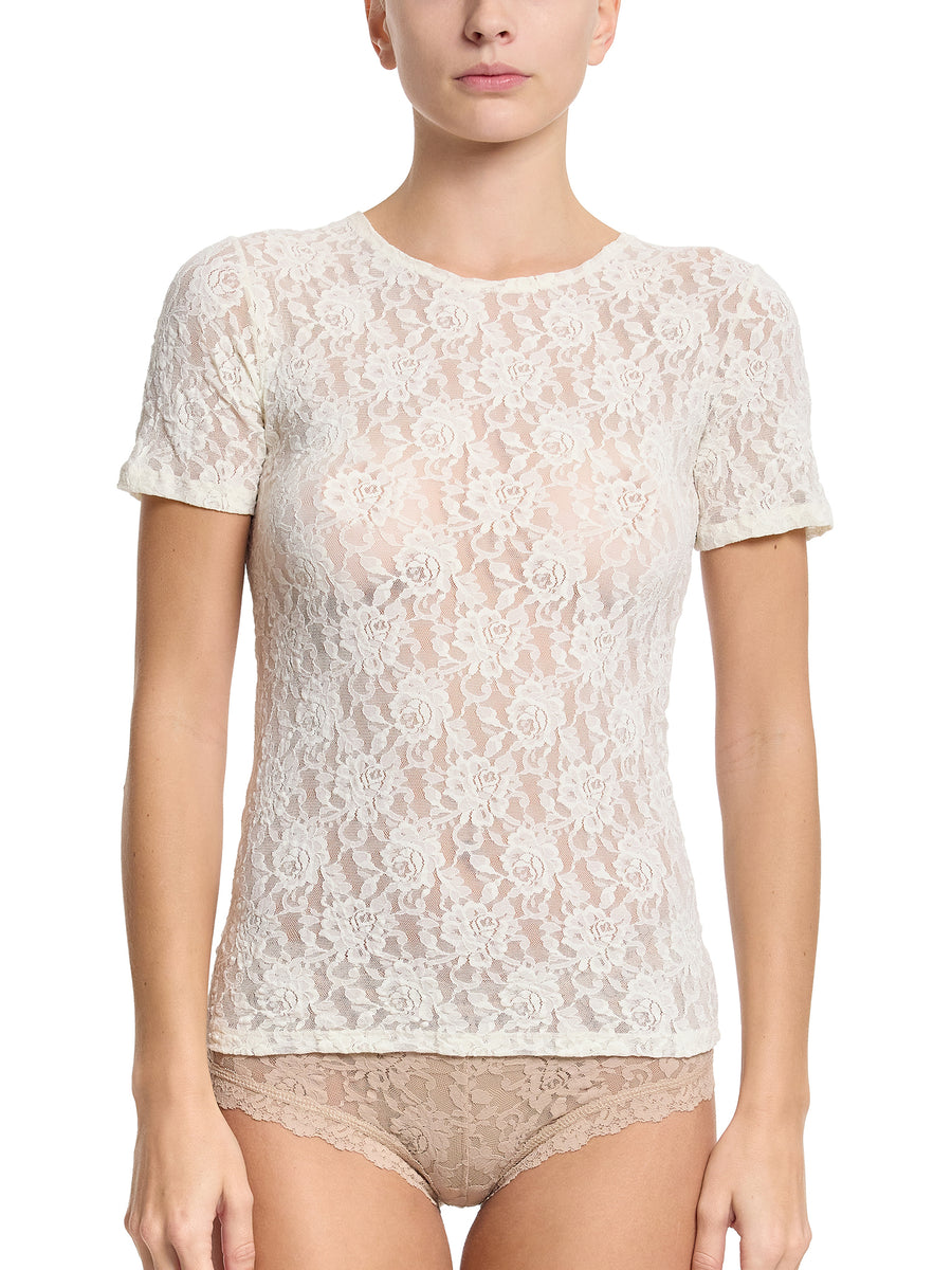 Marshmallow Signature Lace® Short Sleeve Top - Front View on White, Sheer Floral Lace Detail with Lace Panty | Hanky Panky