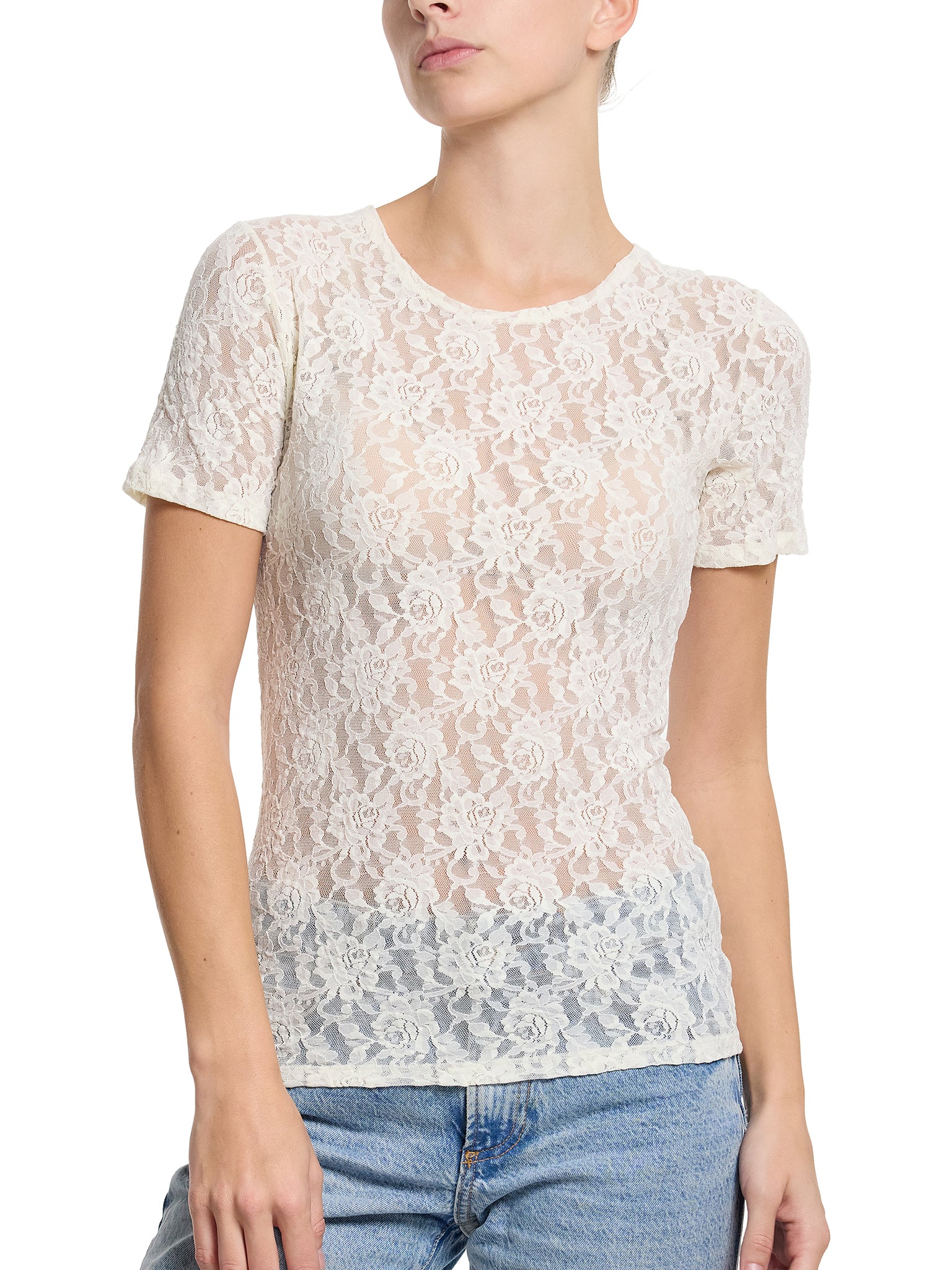 Marshmallow Signature Lace® Short Sleeve Top - Side Angle on White, Sheer Lace Top Styled with Jeans | Hanky Panky