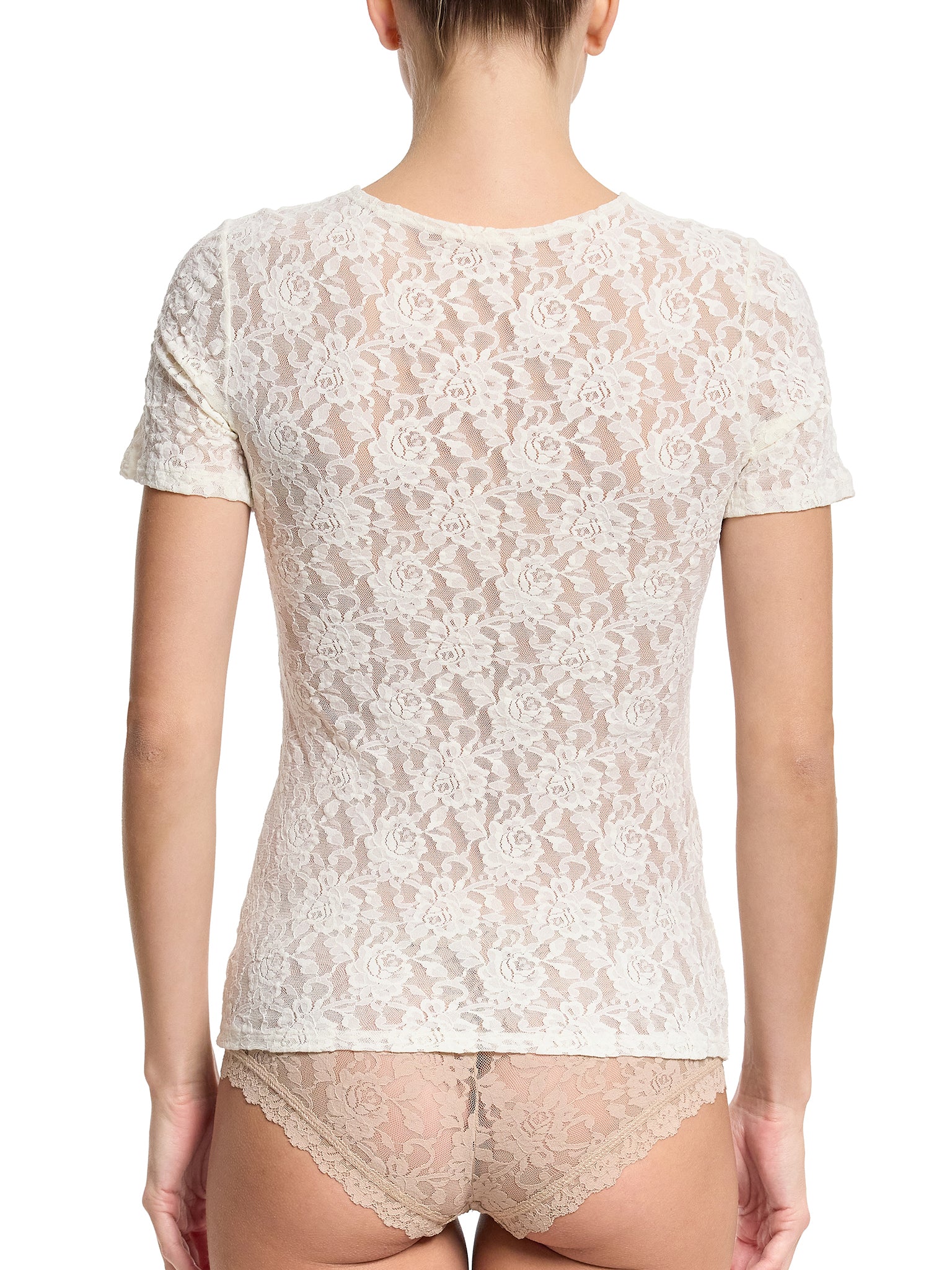 Marshmallow Signature Lace® Short Sleeve Top - Back View on White, Sheer Rose Lace with Lace Boyshort | Hanky Panky