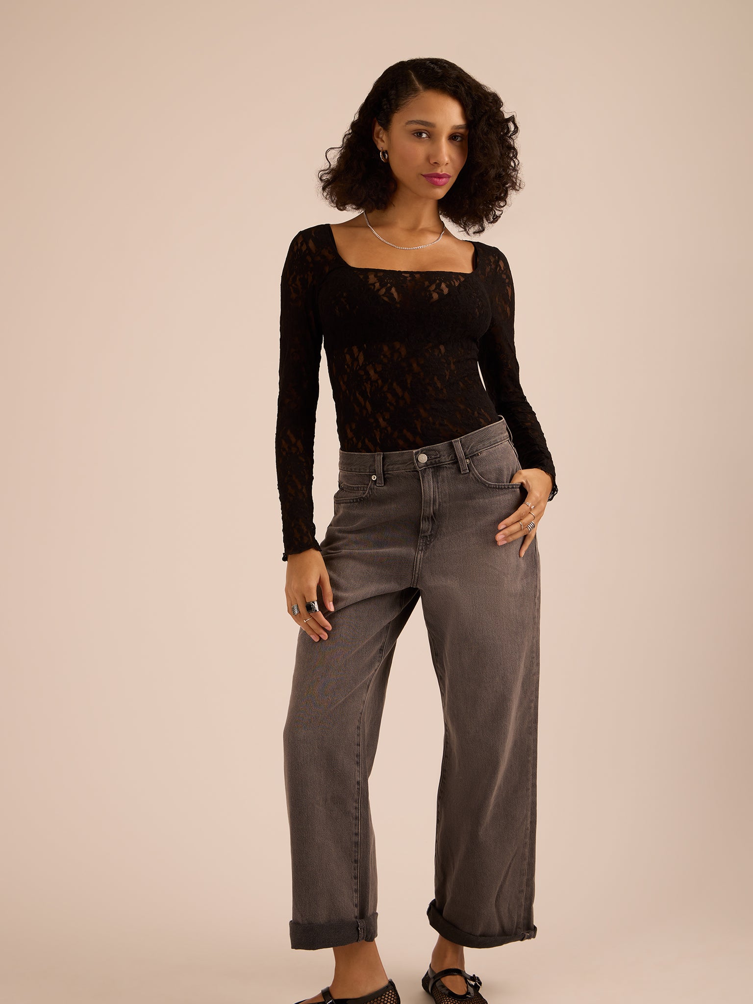 Black Signature Lace® Square Neck Long Sleeve Top styled with grey jeans - Full Length On Model | Hanky Panky