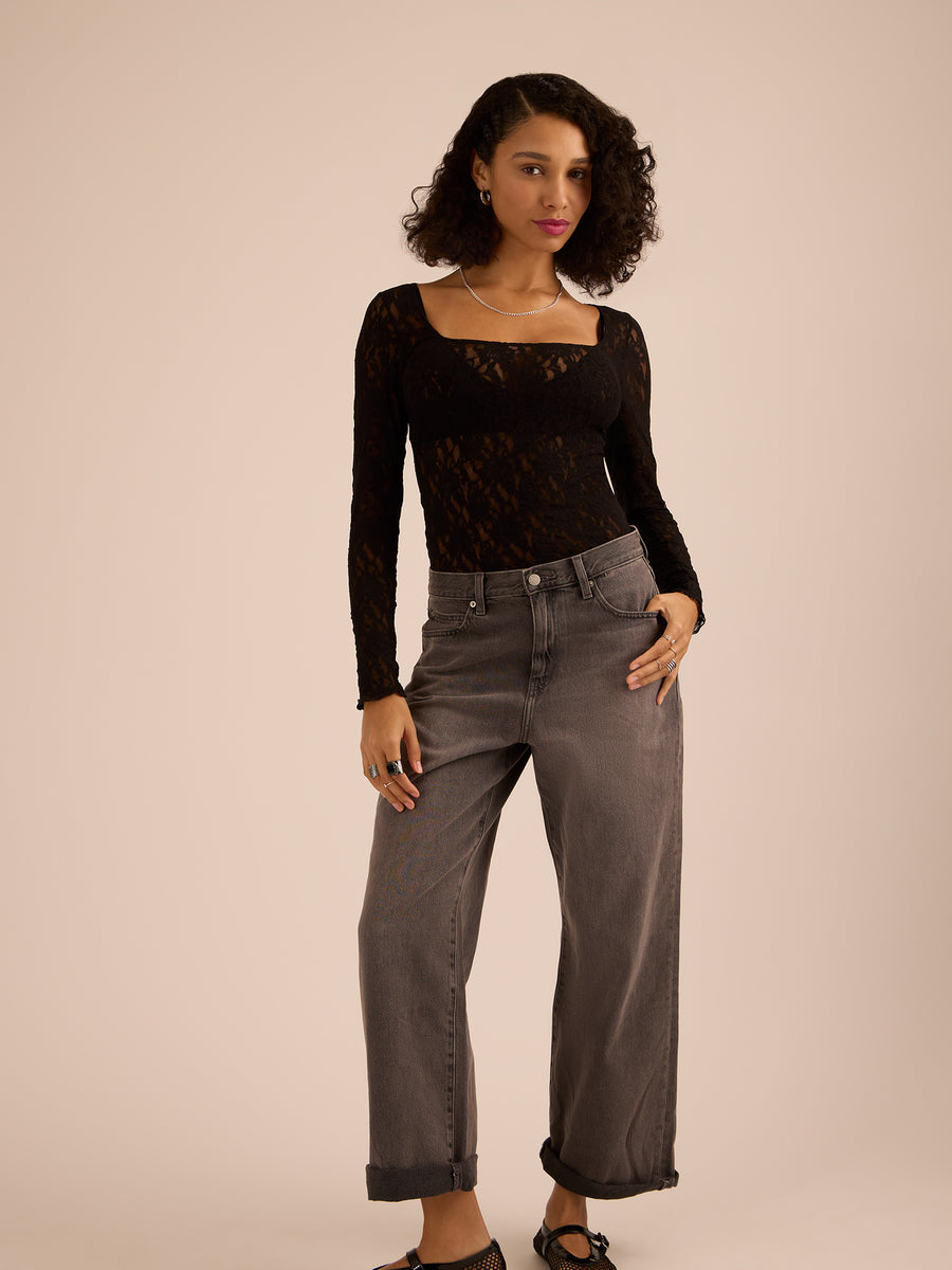 Black Signature Lace® Square Neck Long Sleeve Top styled with grey jeans - Full Length On Model | Hanky Panky