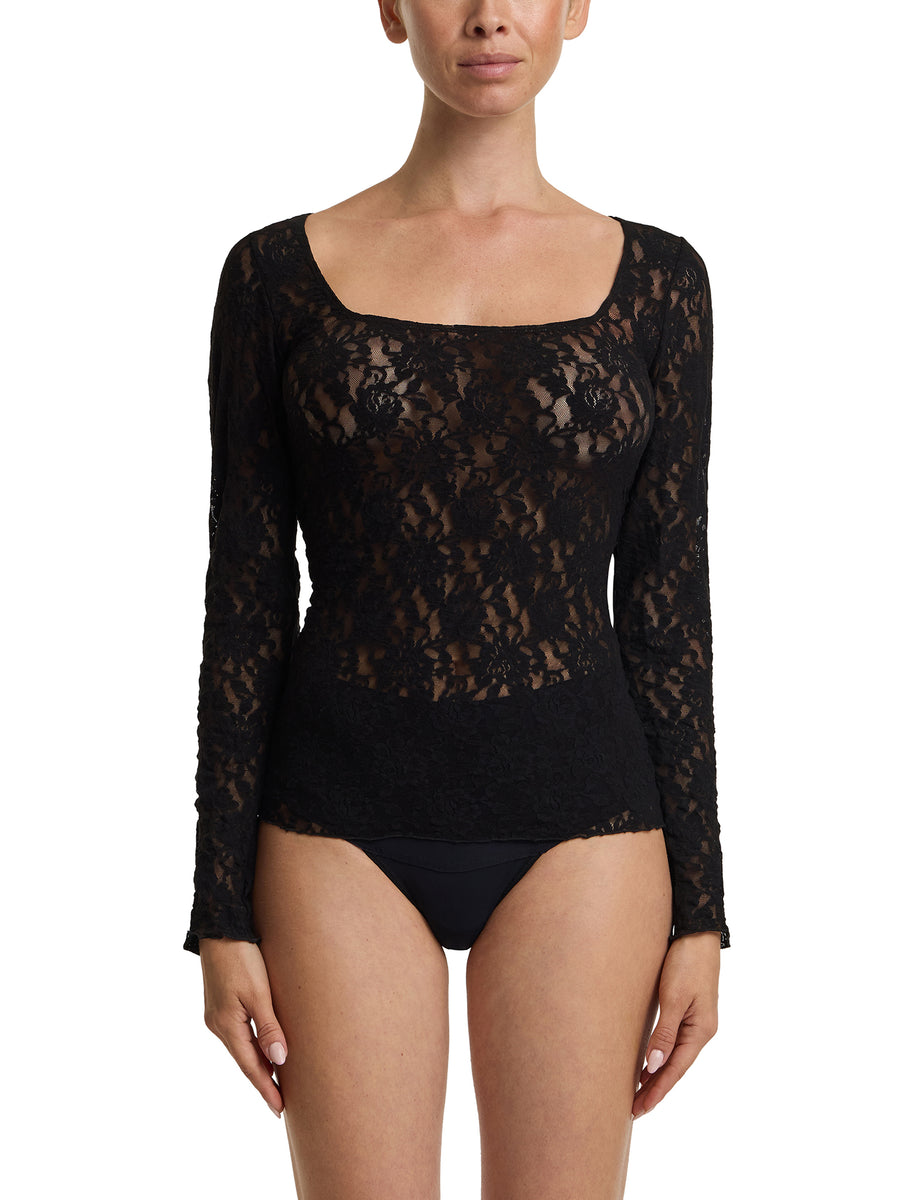 Black Signature Lace® Square Neck Long Sleeve Top, sheer floral lace - Front View On Model | Hanky Panky