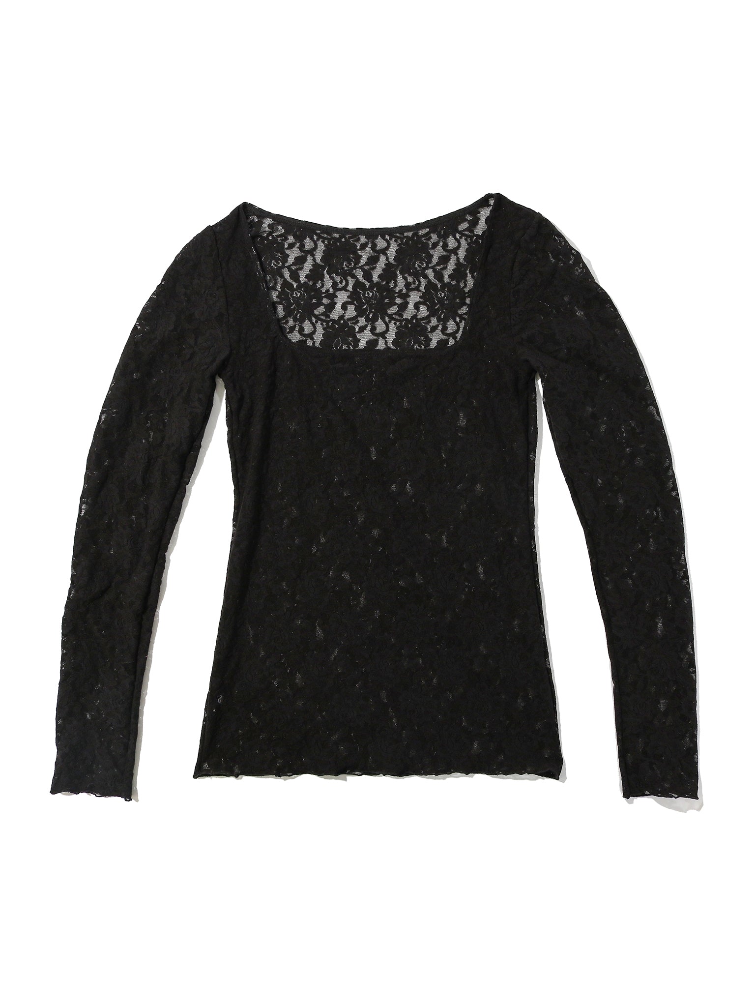 Black Signature Lace® Square Neck Long Sleeve Top - Flat Lay showing square neckline and floral lace texture | Hanky Panky