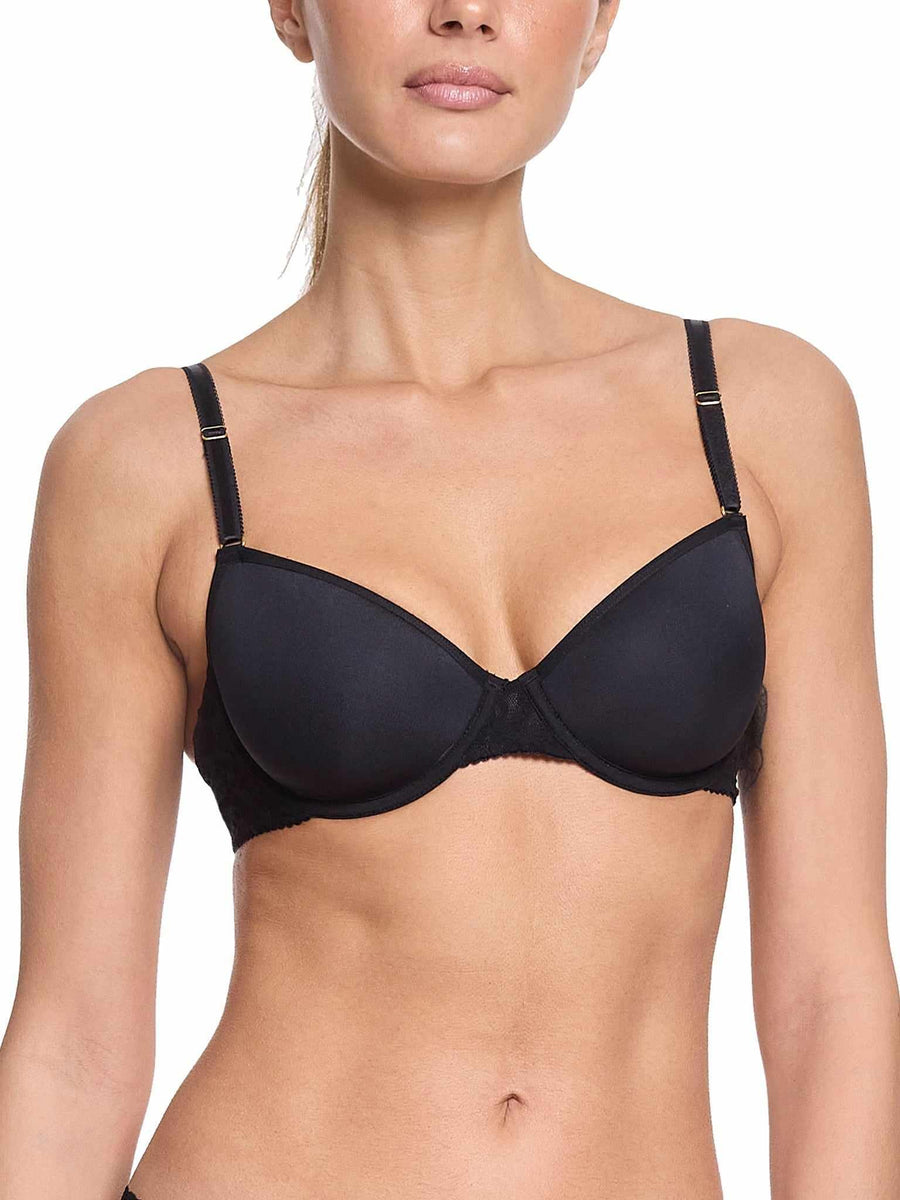 Black Signature Lace® T-Shirt Bra - Front Close-Up, Molded Cups & Gold Hardware | Hanky Panky