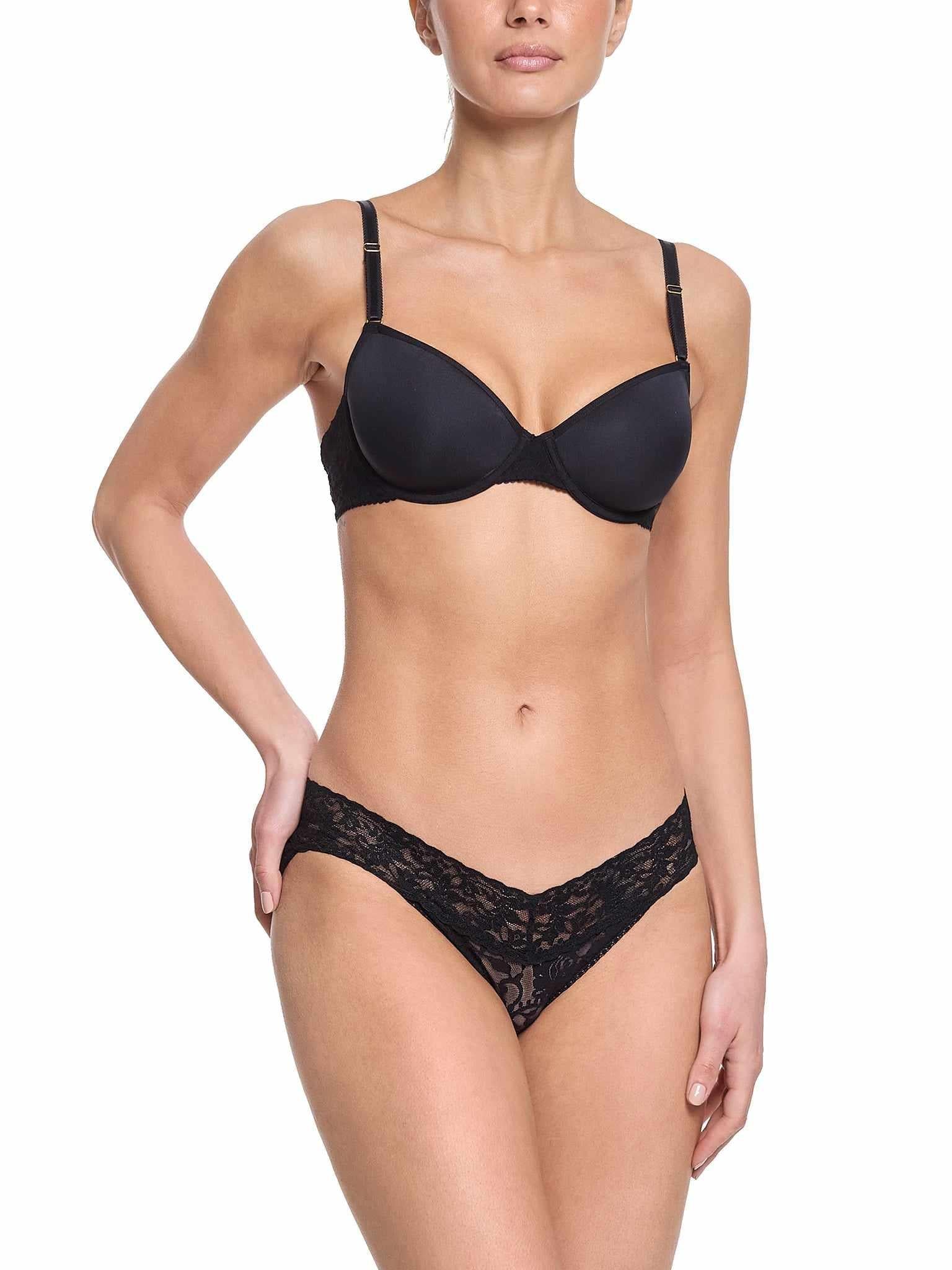 Black Lace T-Shirt Bra with Matching Signature Lace® Thong - Full Front View on Model | Hanky Panky
