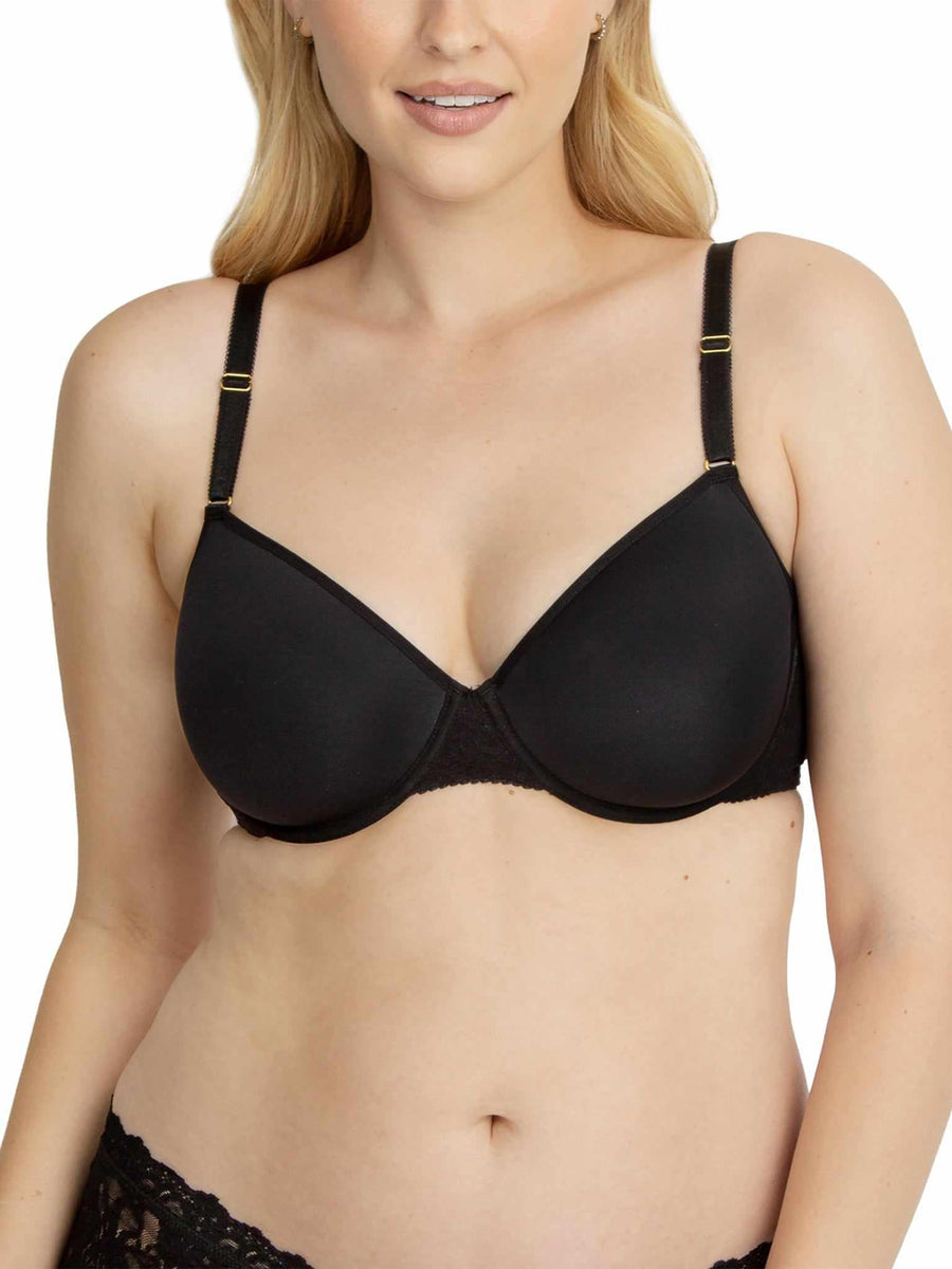 Black Signature Lace® Underwire T-Shirt Bra - Front Close-Up, Extended Size Model, Gold Hardware | Hanky Panky