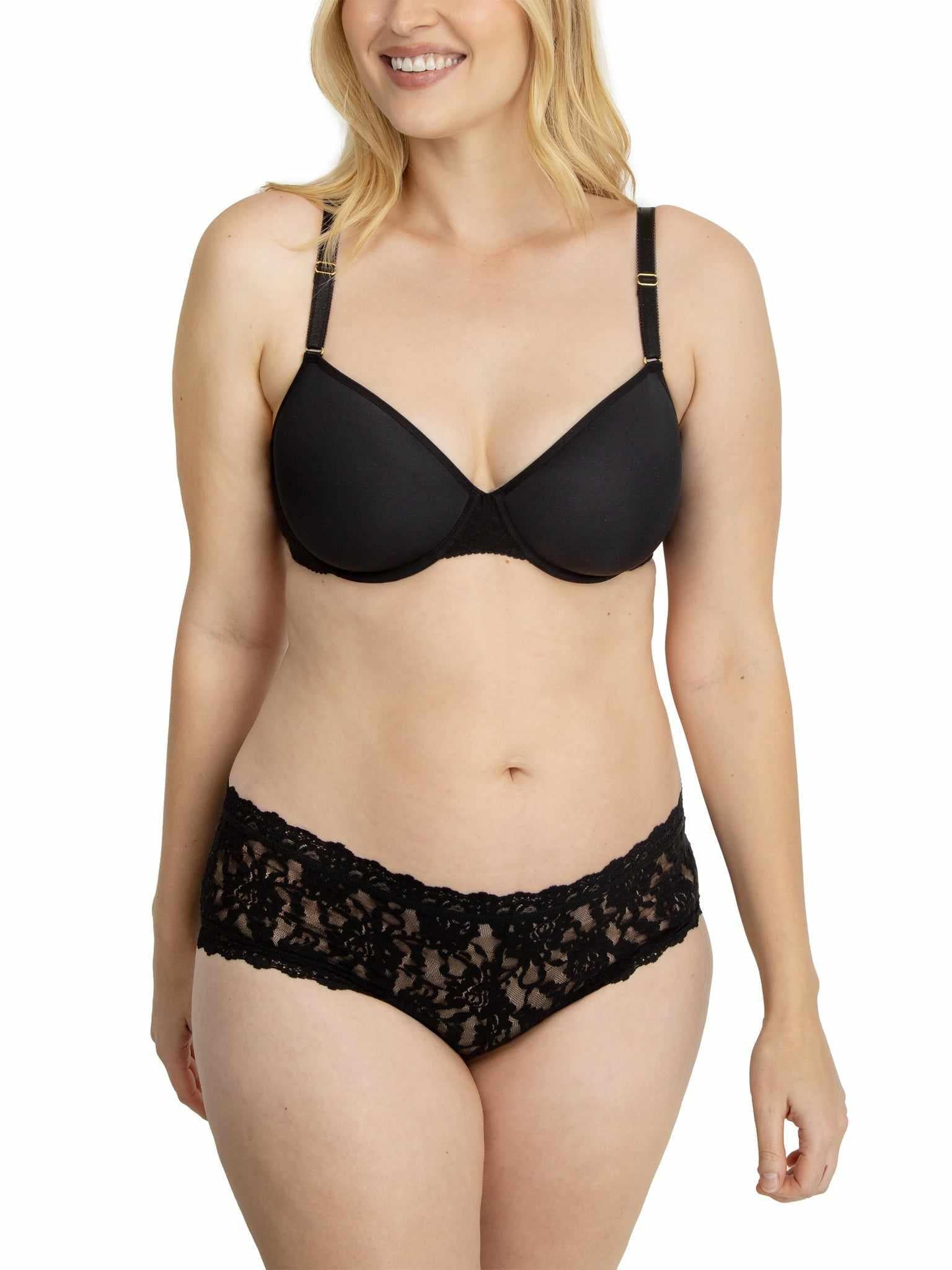 Black Lace T-Shirt Bra with Matching Lace Boyshort - Front View, Extended Sizing | Hanky Panky
