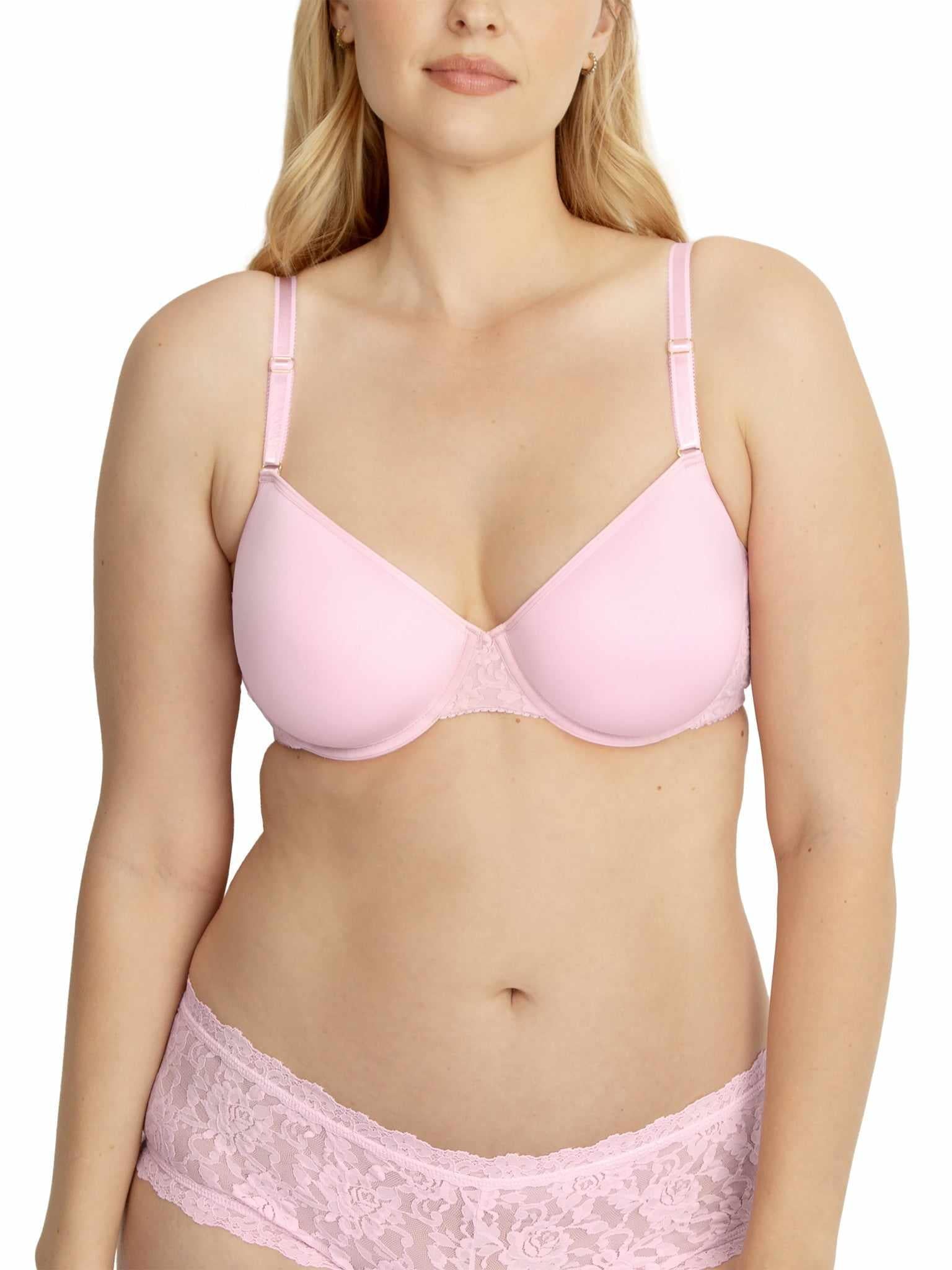 Bliss Pink Lace T-Shirt Bra with Matching Lace Panty - Front Set Curvy Model | Hanky Panky