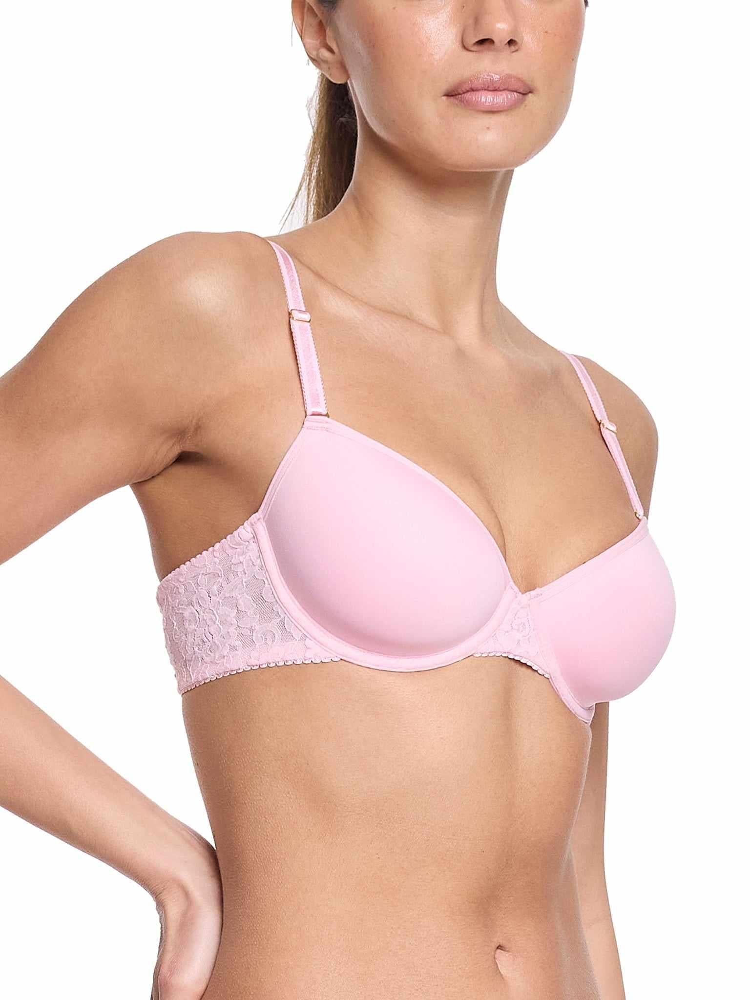 Bliss Pink Signature Lace® T-Shirt Bra - Side Angle Lace Detail On Model | Hanky Panky